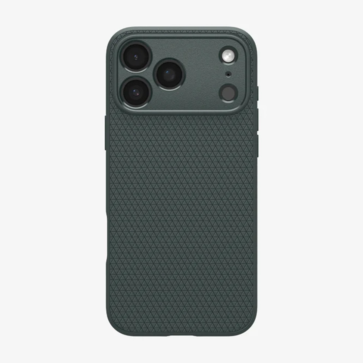 Une coque de téléphone vert foncé avec un dos texturé, comprenant des découpes pour l'appareil photo. La coque est isolée sur fond blanc.
