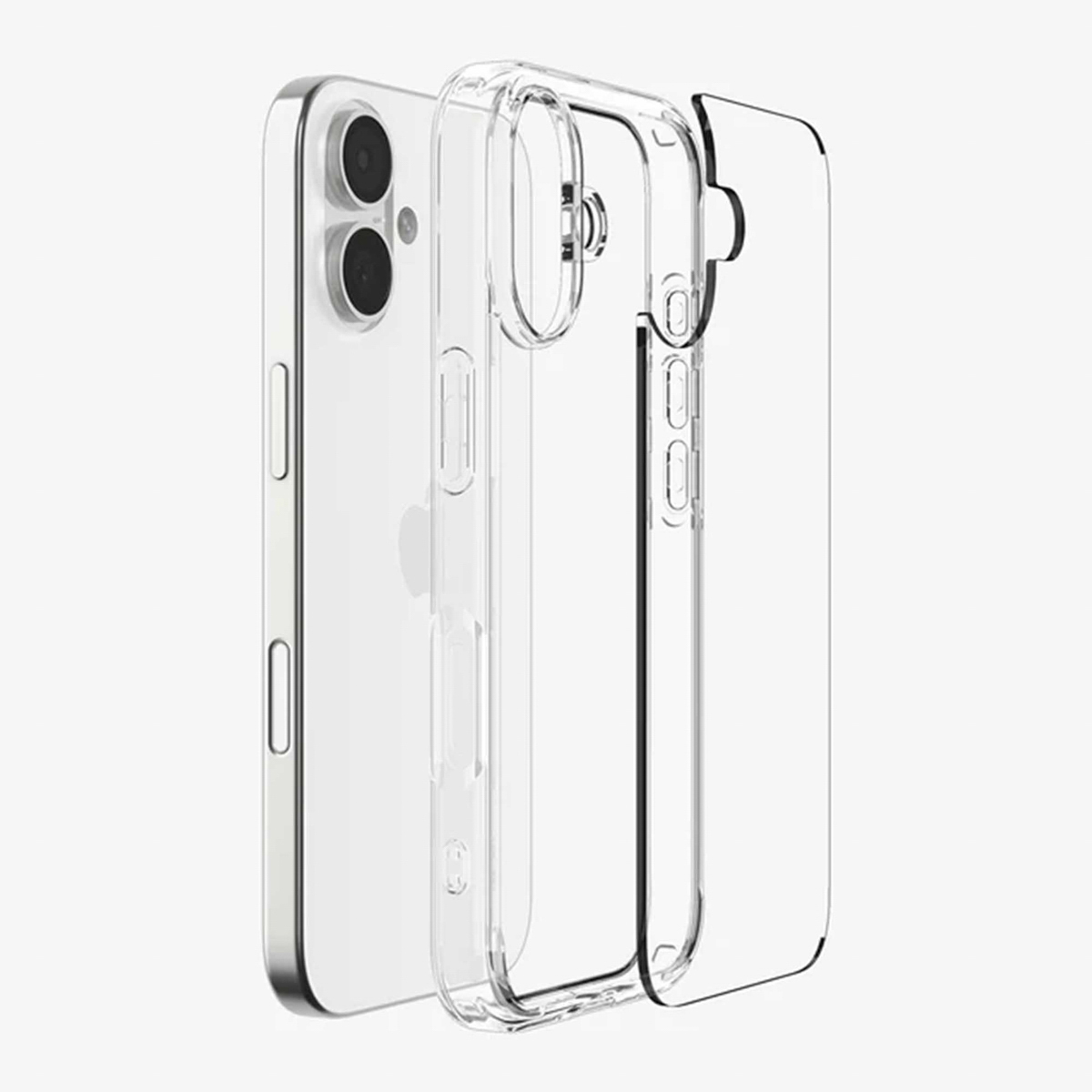 Een doorzichtige telefoonhoes naast een witte smartphone. De hoes is van transparant plastic en de telefoon is zichtbaar.