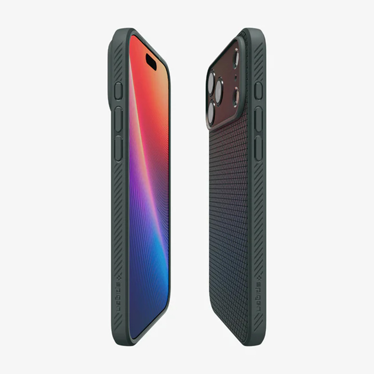 Deux smartphones avec étuis. L'un affiche un écran coloré, l'autre l'appareil photo. Les deux sont vert foncé et sur fond blanc.