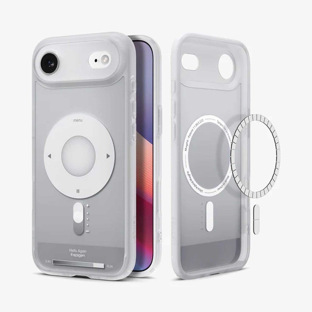 Un iPhone dans un étui transparent conçu pour ressembler à un iPod. L'étui a une molette de contrôle iPod et un dos transparent.