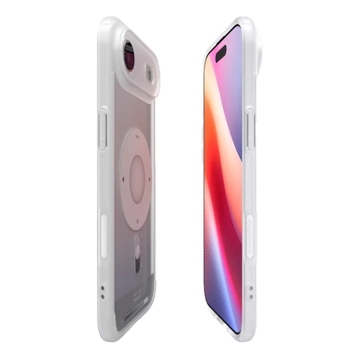 Deux smartphones blancs, l'un affichant un écran avec des dégradés colorés, l'autre avec un design de type iPod au dos, tous deux dans des étuis blancs.