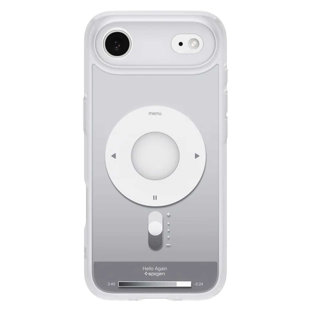 Une coque transparente pour iPhone avec un design iPod rétro, un pavé de contrôle circulaire et le texte 'Hello Again'.