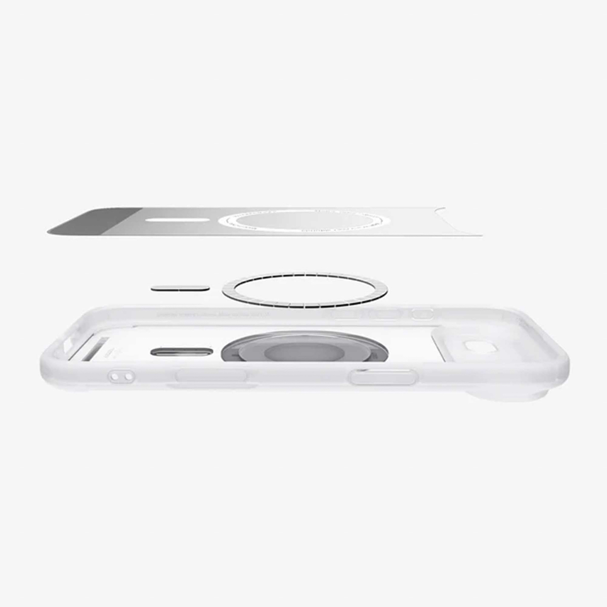Vue éclatée d'une coque de téléphone transparente avec un anneau magnétique et un composant au-dessus. Le tout sur fond blanc.