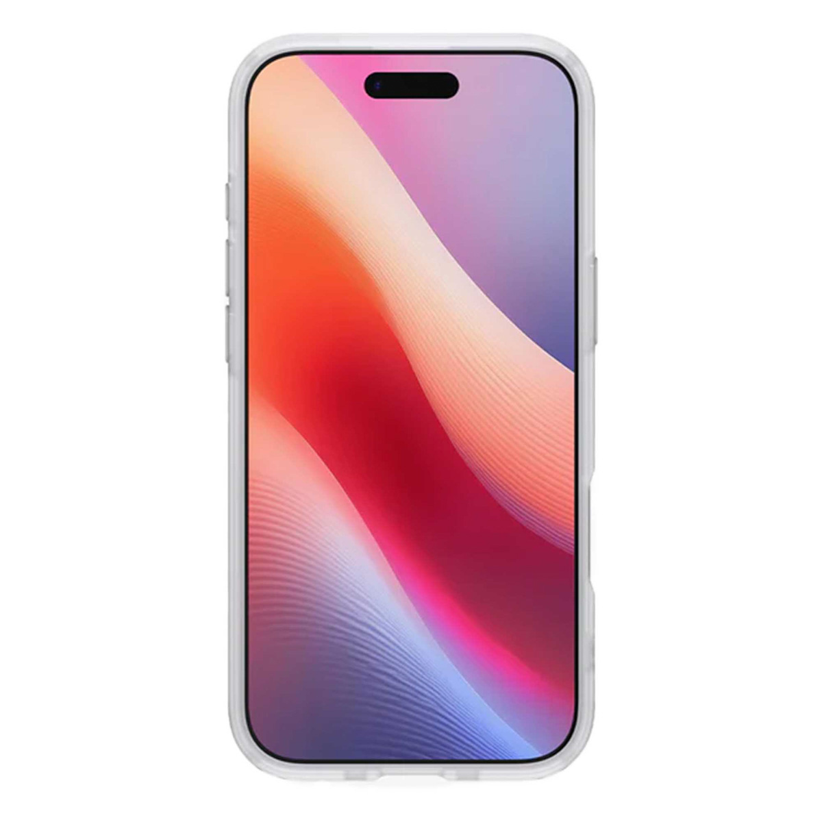 Un smartphone avec un écran dégradé de teintes rouges, violettes et bleues, enfermé dans une coque de protection transparente.