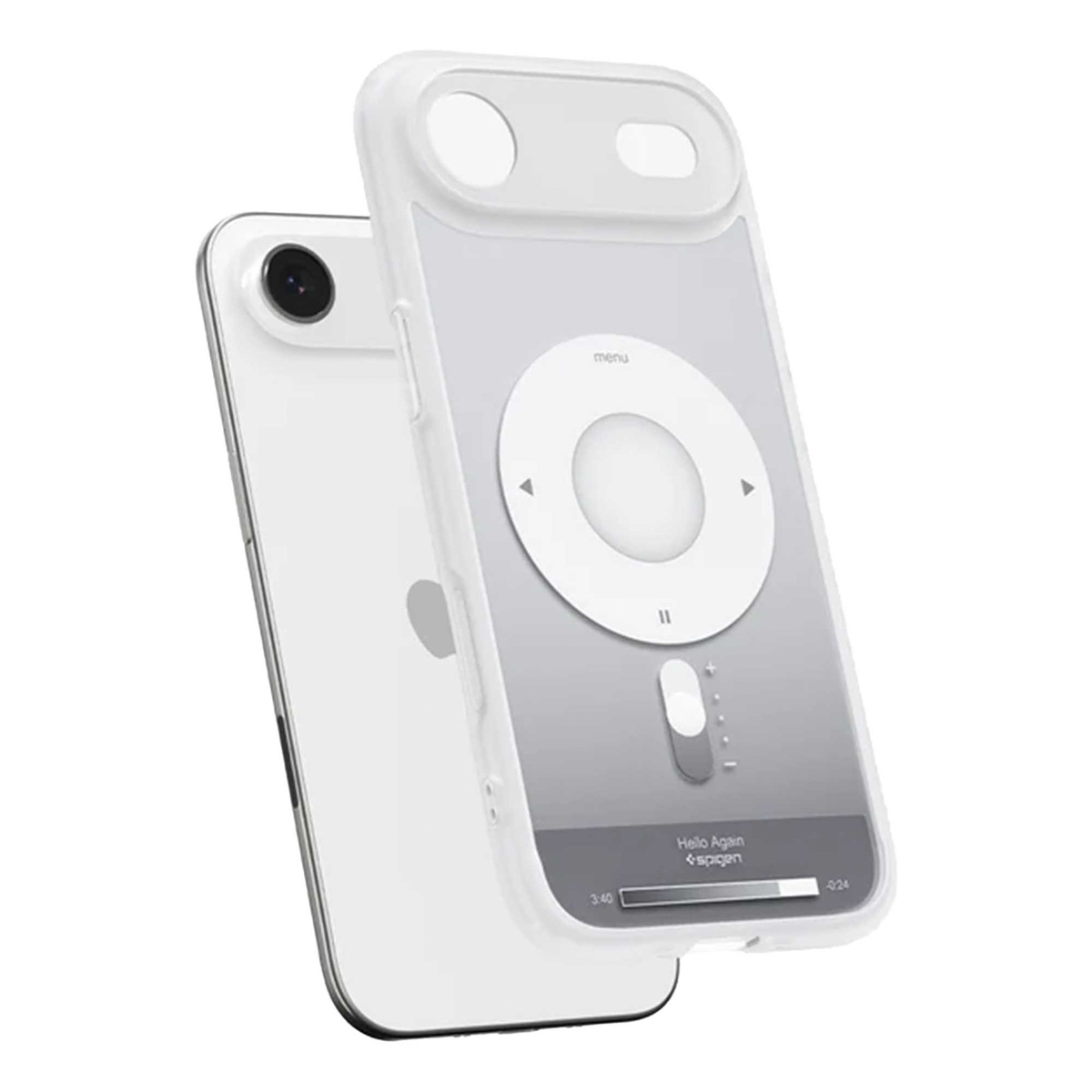 Coque de téléphone blanche avec design iPod sur un téléphone blanc. La coque a une bordure transparente et une zone de contrôle circulaire.