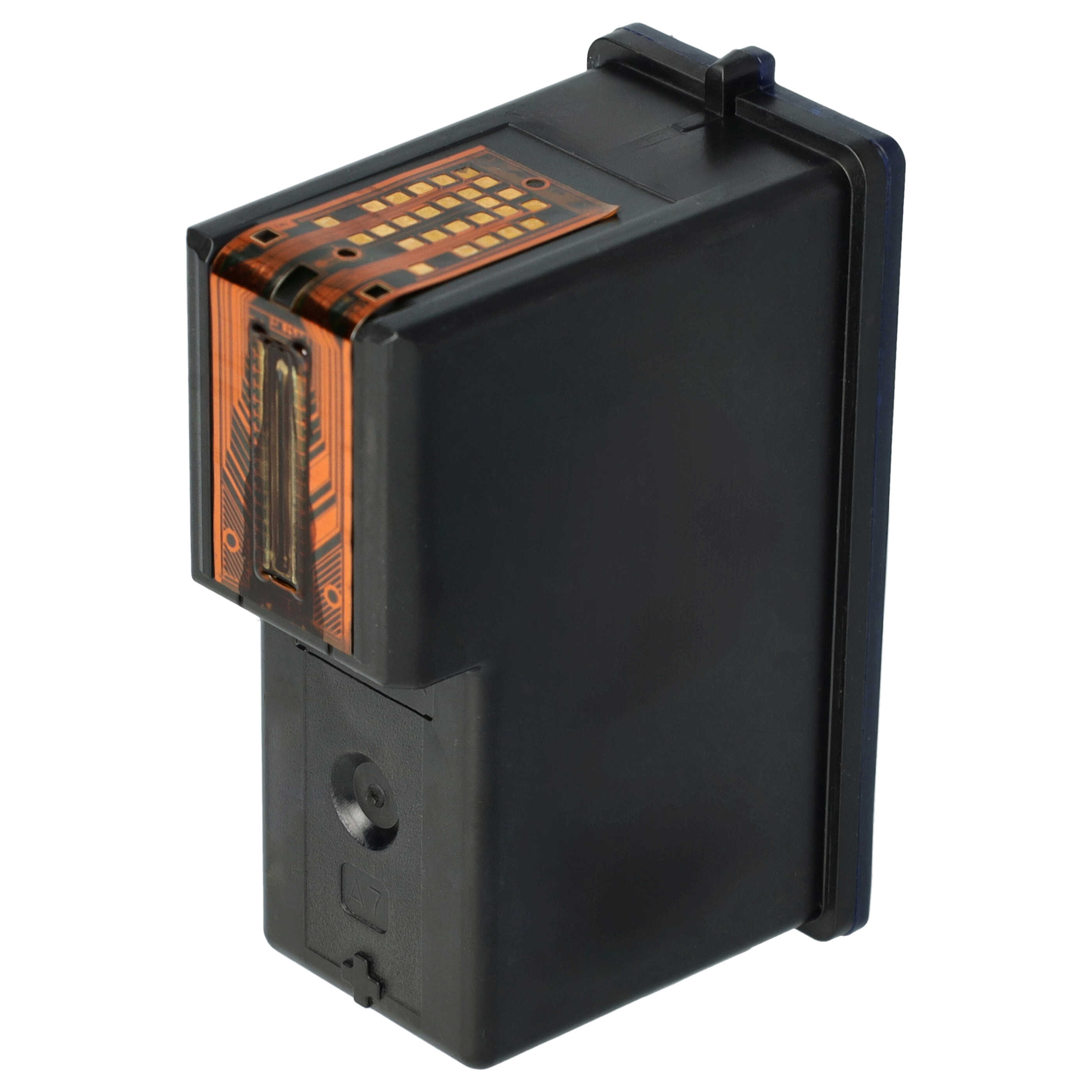 Schwarze Tintenpatrone mit orangefarbenen und goldenen Details, isoliert auf Weiß. Sie hat eine rechteckige Form.