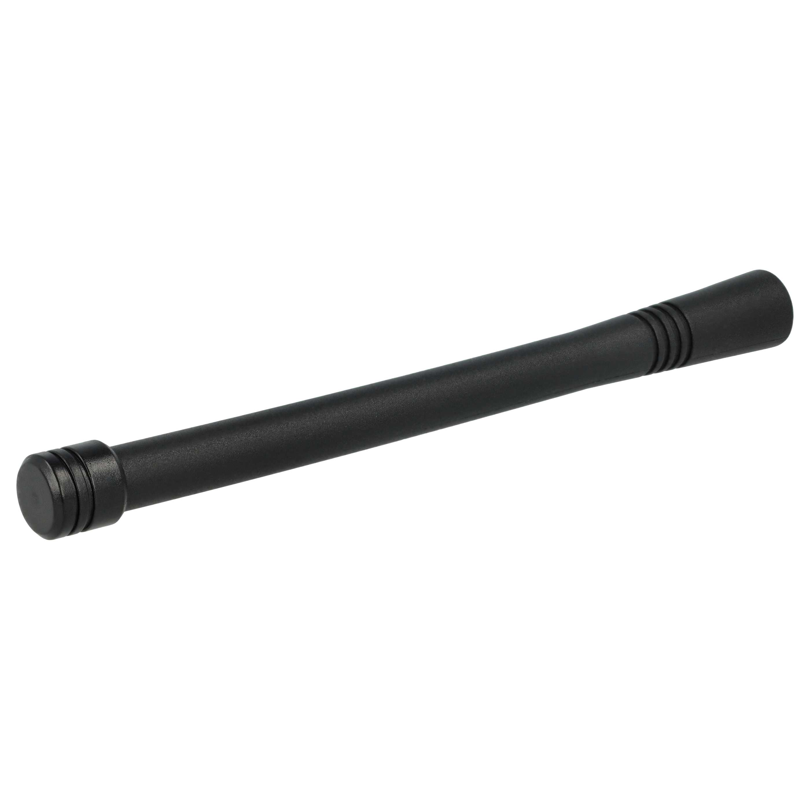 Eine schwarze Antenne auf weißem Hintergrund. Die Antenne hat ein abgerundetes Ende und Rillen am Körper.