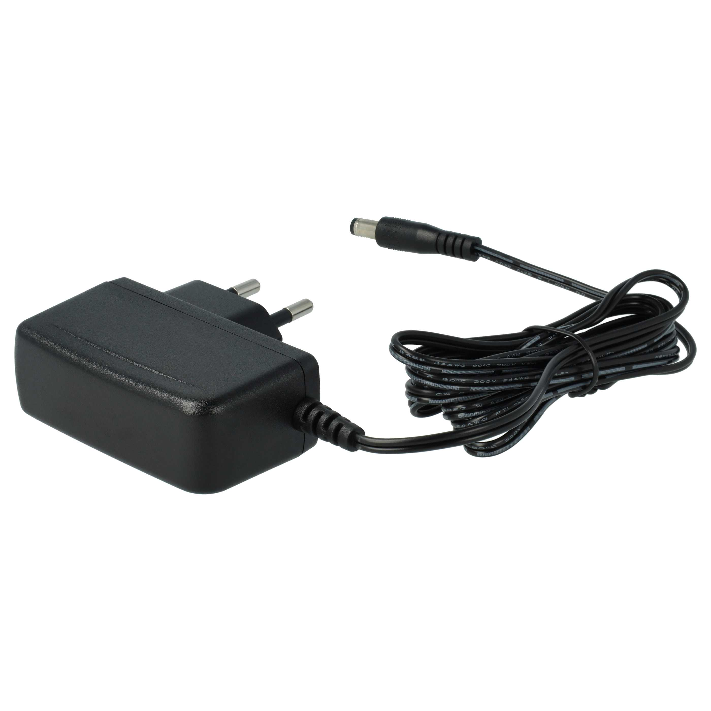 Ein schwarzes Netzteil mit Stecker und einem schwarzen Kabel mit kleinem Stecker.