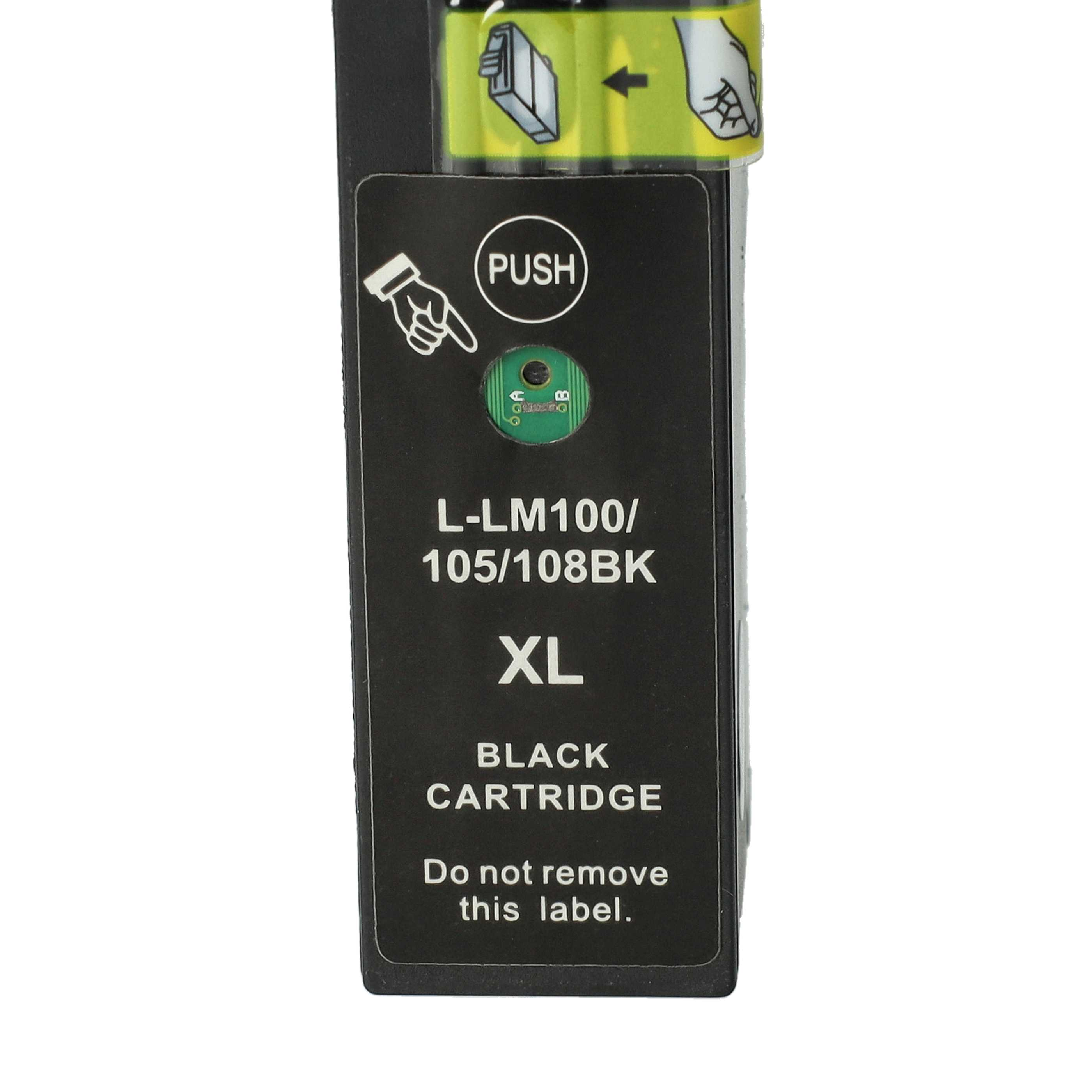Ein schwarzes Tintenpatronenetikett mit Text wie "L-LM100/105/108BK XL BLACK CARTRIDGE" und der Anweisung "PUSH".