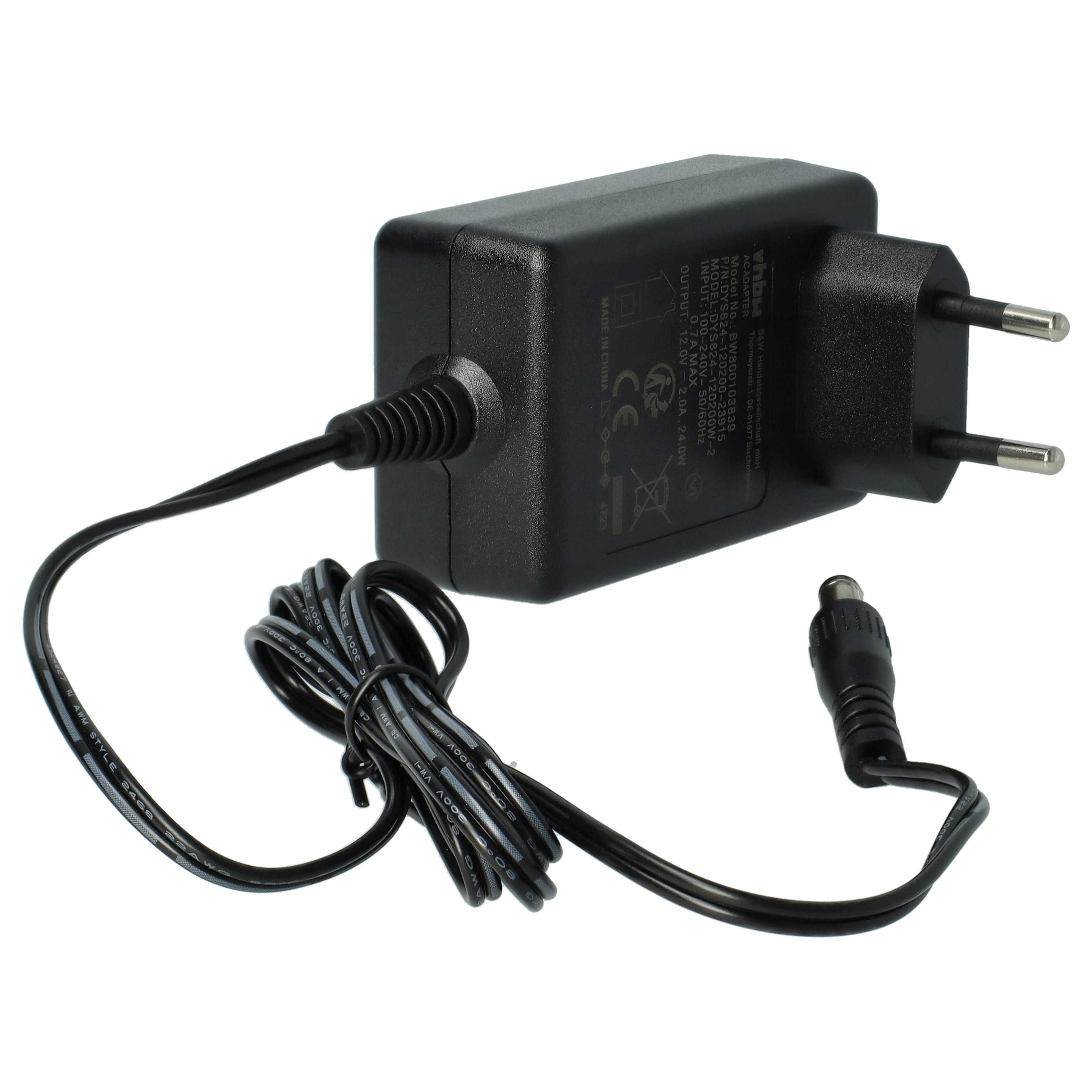 Schwarzes Netzteil mit schwarzem Kabel und Stecker. Der Adapter hat Spezifikationen aufgedruckt.