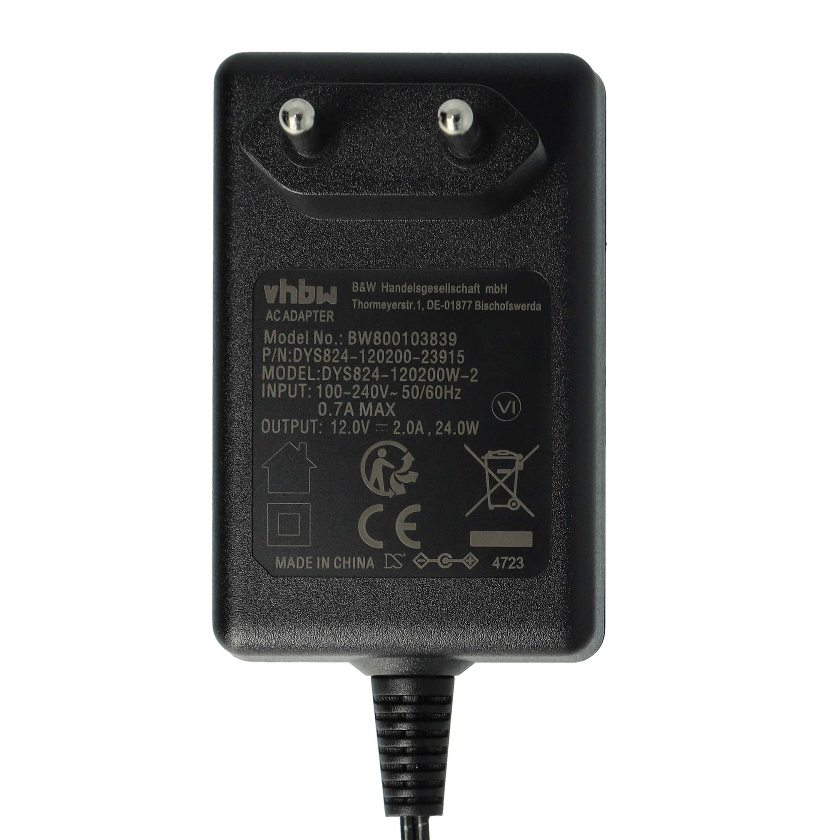 Schwarzes AC-Netzteil mit zwei Stiften, Textdetails und einem Stromkabel. Der Adapter ist mit Spezifikationen beschriftet.