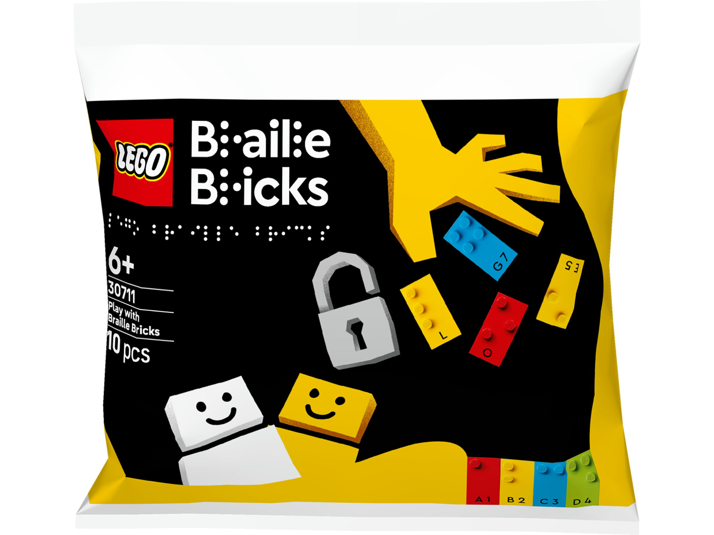 Een LEGO Braille Bricks zak met een hand die kleurrijke stenen vasthoudt. Inclusief een slot en stenen met letters en cijfers.