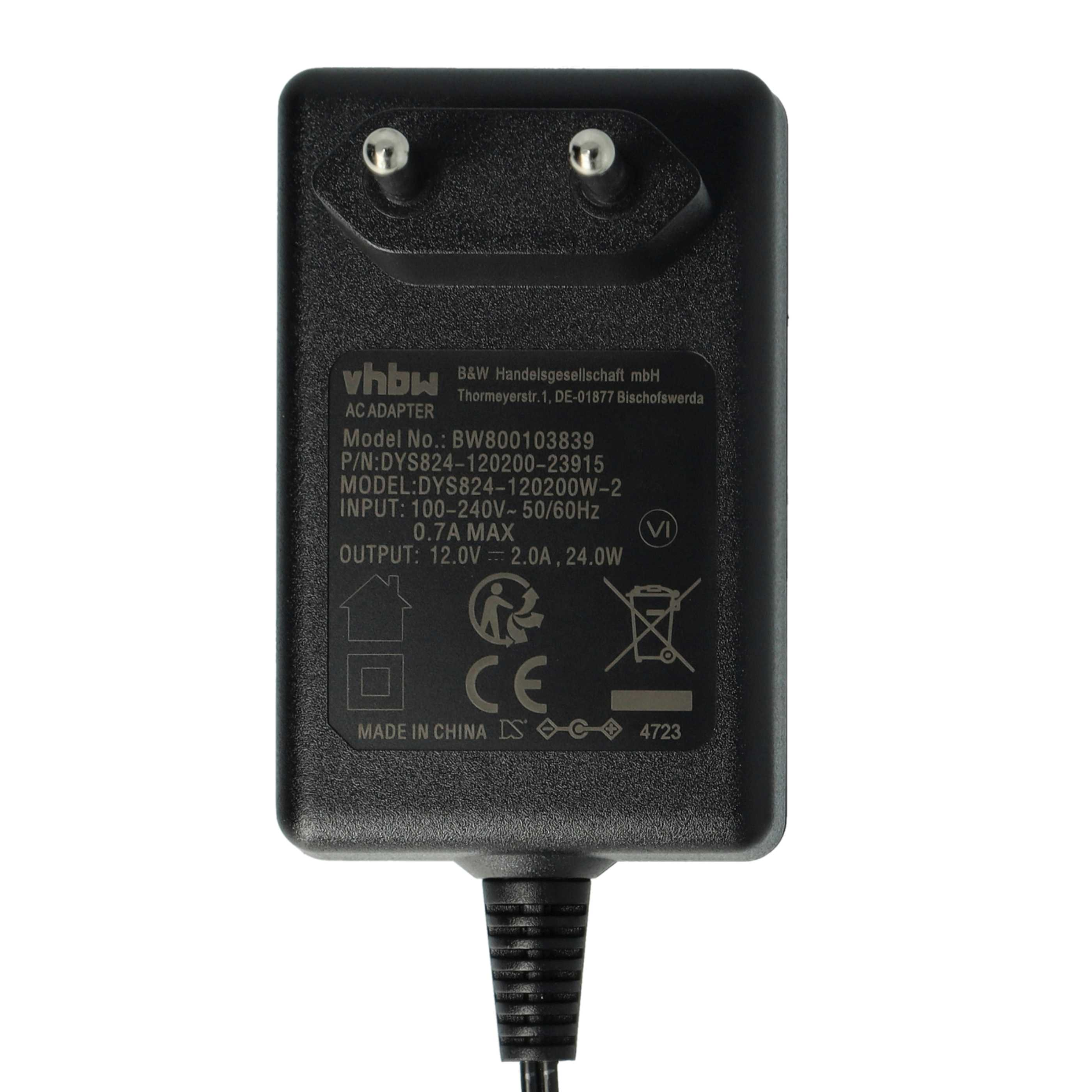 Schwarzes AC-Adapter mit zwei Stiften. Enthält Marke und technische Daten auf der Oberfläche.