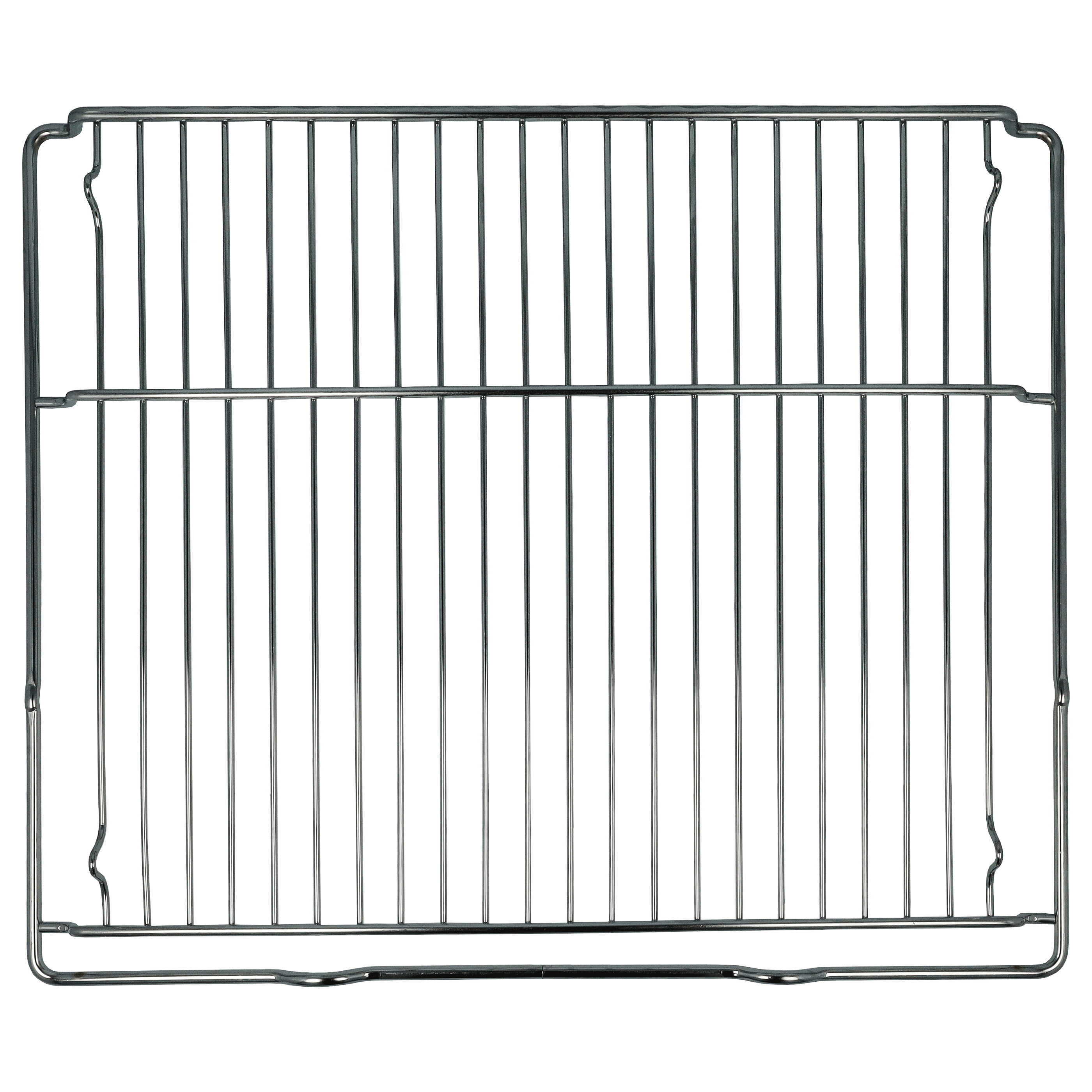 Ein Metall-Ofenrost mit vertikalen und horizontalen Stäben vor weißem Hintergrund.
