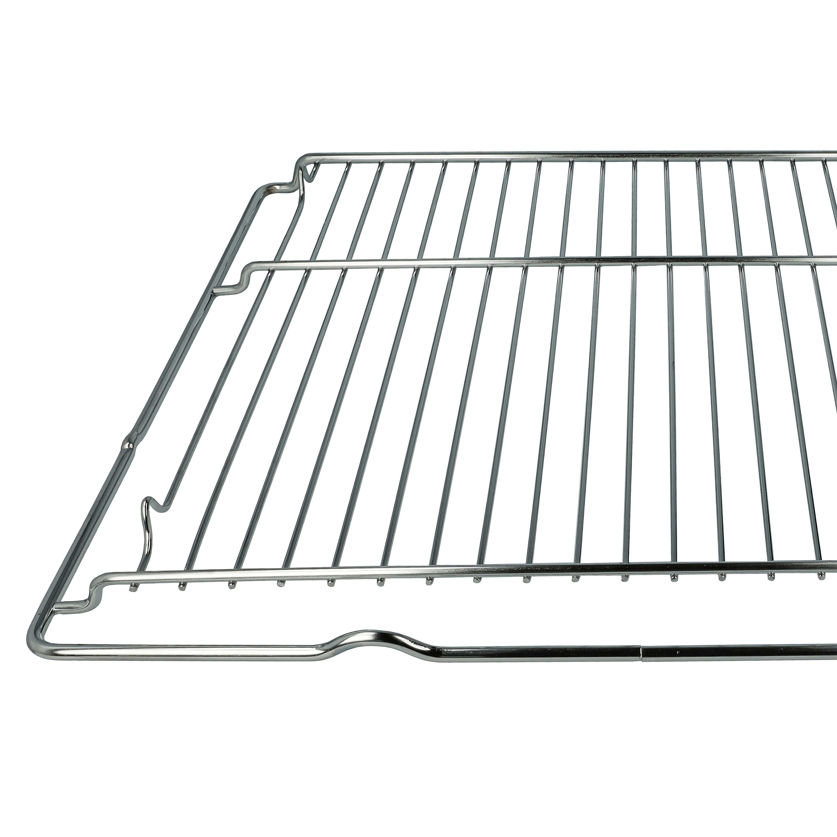 Ein Metall-Ofenrost auf weißem Hintergrund. Es hat parallele Stäbe und ein gebogenes Design.