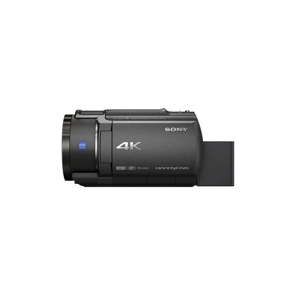 Beyaz zemin üzerinde 4K çözünürlüklü, Zeiss lensli ve Wi-Fi özellikli siyah bir Sony Handycam.