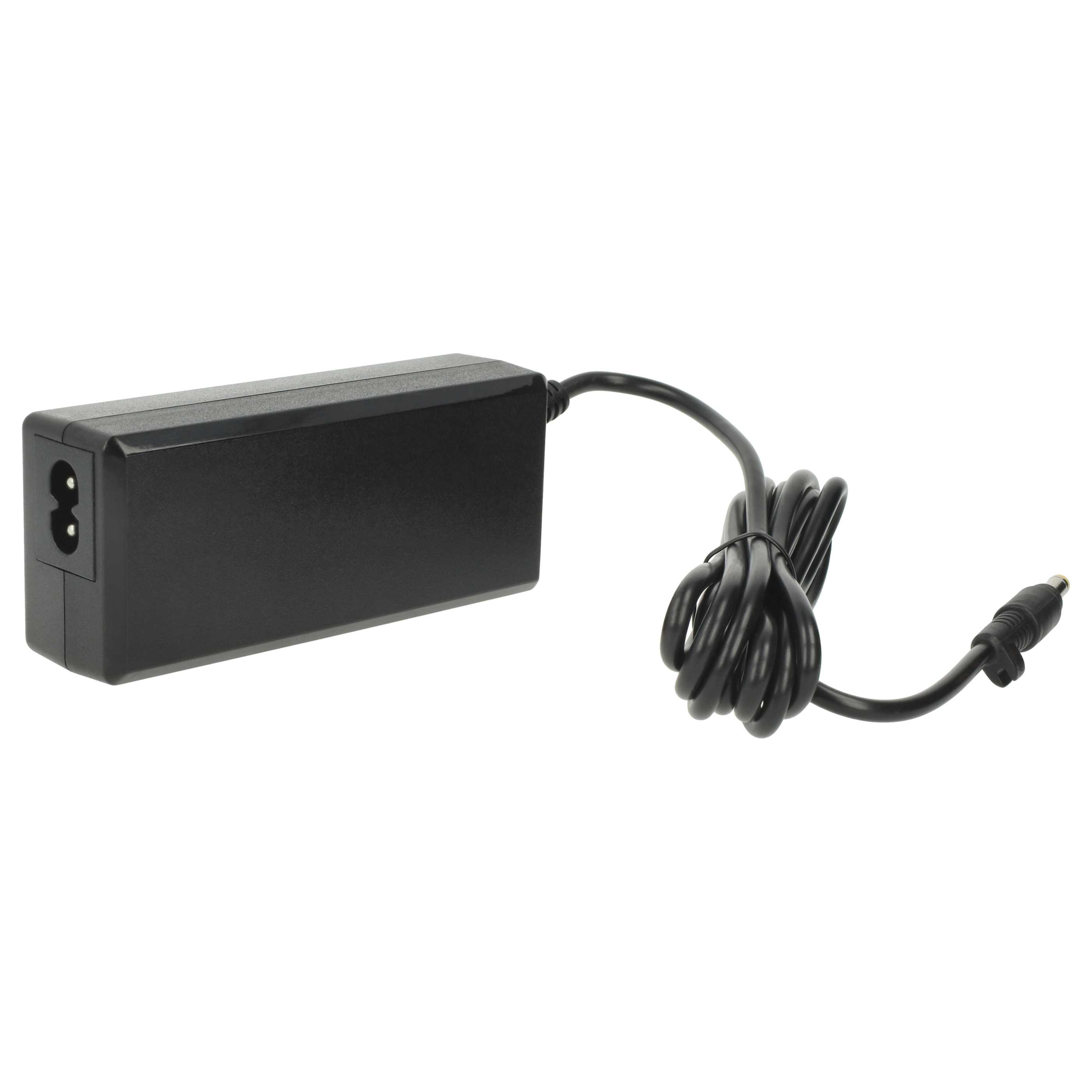 Schwarzes Laptop-Netzteil mit schwarzem Kabel und Stecker auf weißem Hintergrund.