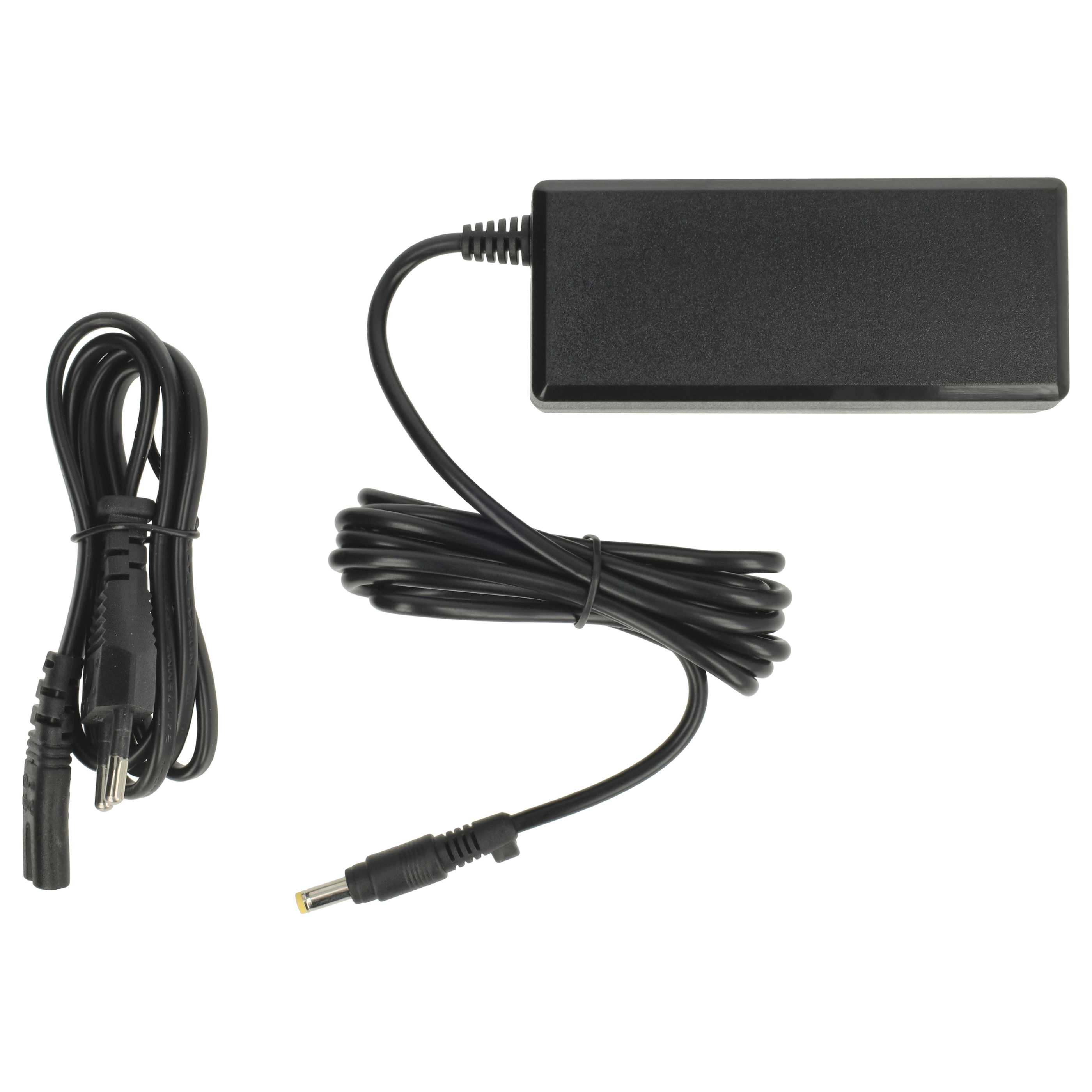 Ein schwarzes Netzteil mit rechteckigem Gehäuse und angeschlossenen schwarzen Kabeln. Ein Kabel hat einen Stecker, das andere einen DC-Anschluss.