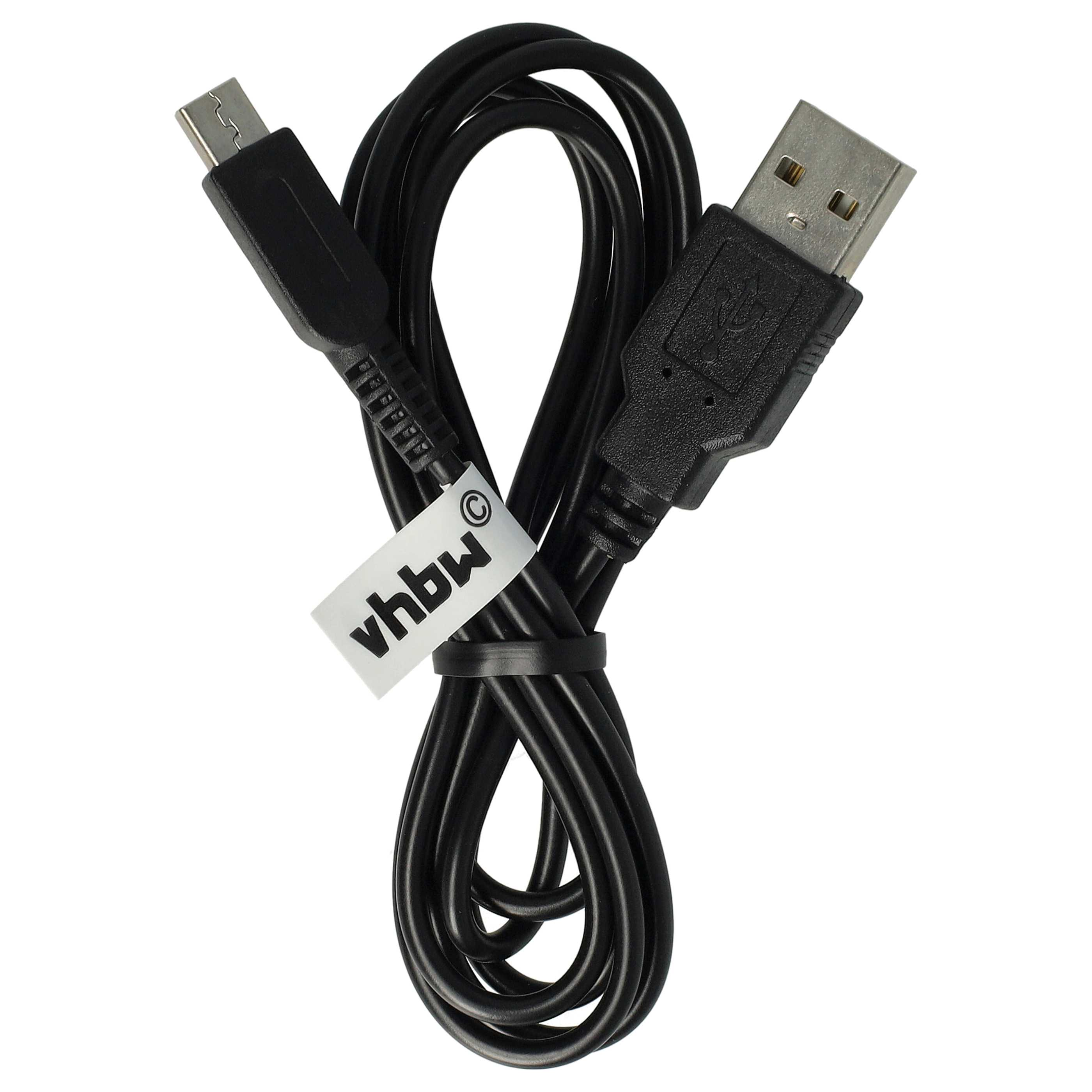 Schwarzes USB-Kabel mit Micro-USB- und Standard-USB-Anschluss. Es hat ein weißes Etikett mit dem Markennamen 'vhbw'.