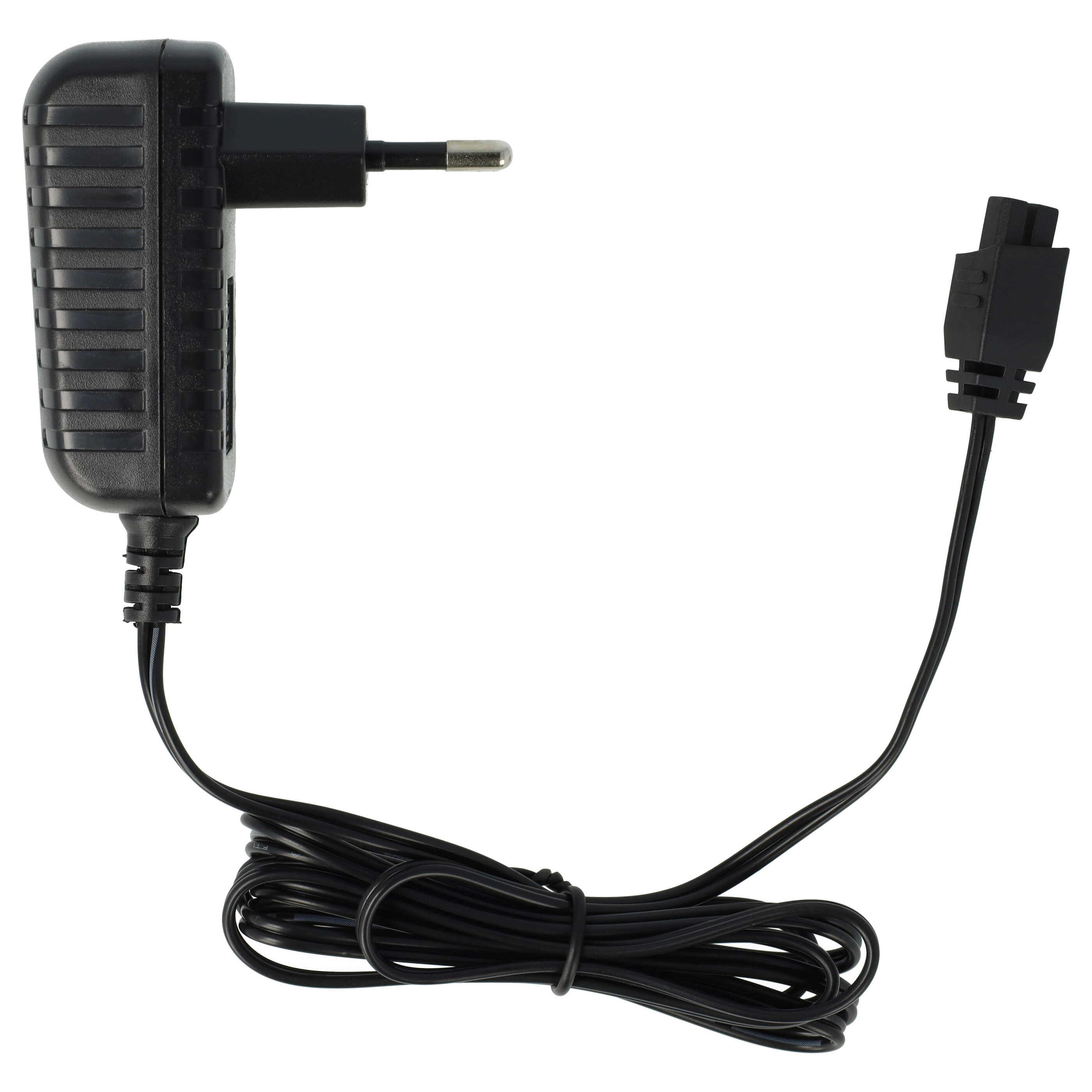Ein schwarzes Netzteil mit Eurostecker und einem Kabel, das in einem schwarzen Stecker endet, isoliert auf Weiß.