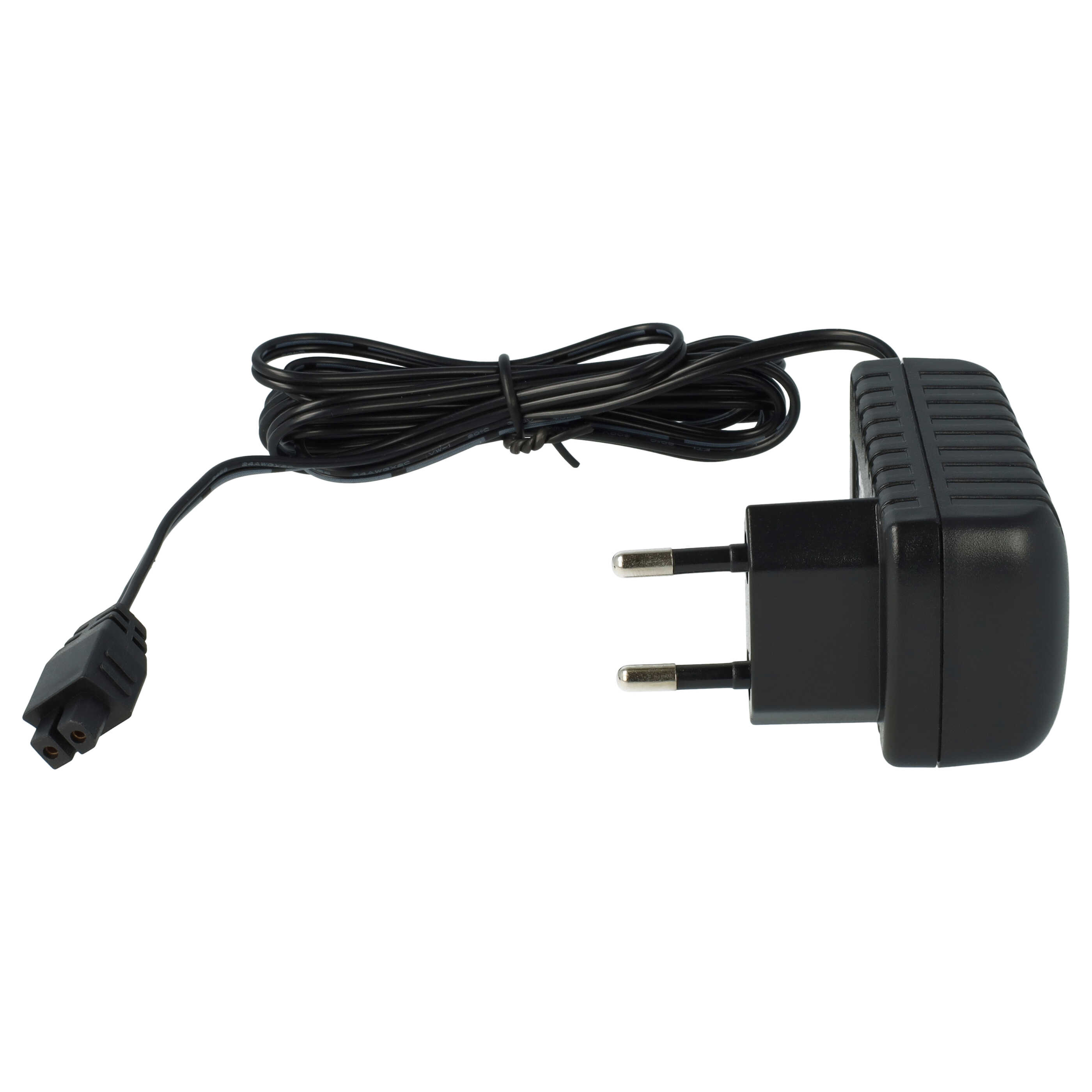 Ein schwarzes Netzteil mit Kabel. Der Stecker befindet sich rechts, der Anschluss links und das Kabel ist aufgerollt.