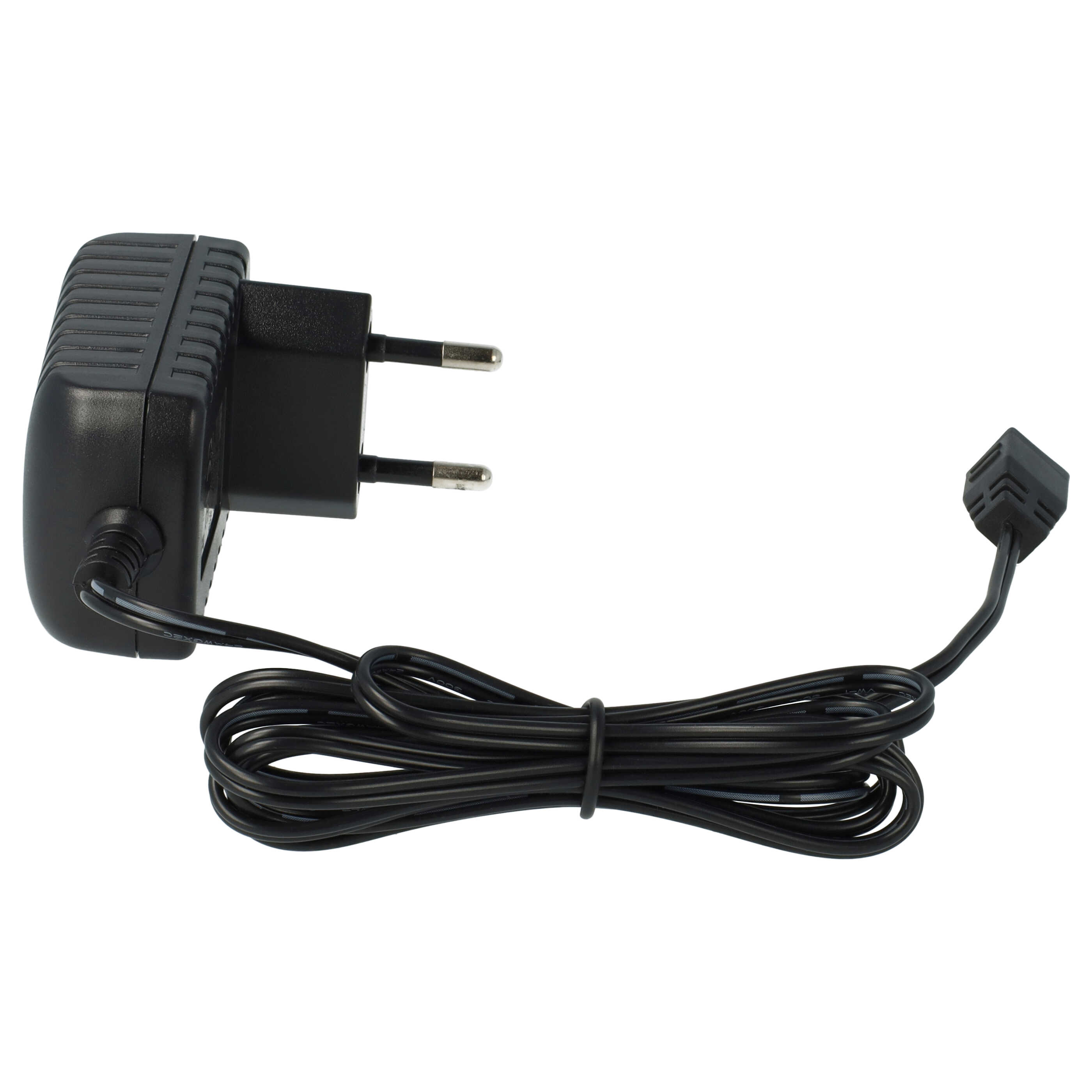 Ein schwarzes AC-Adapter mit Stecker und angeschlossenem Kabel. Das Kabel ist aufgerollt. Weißer Hintergrund.