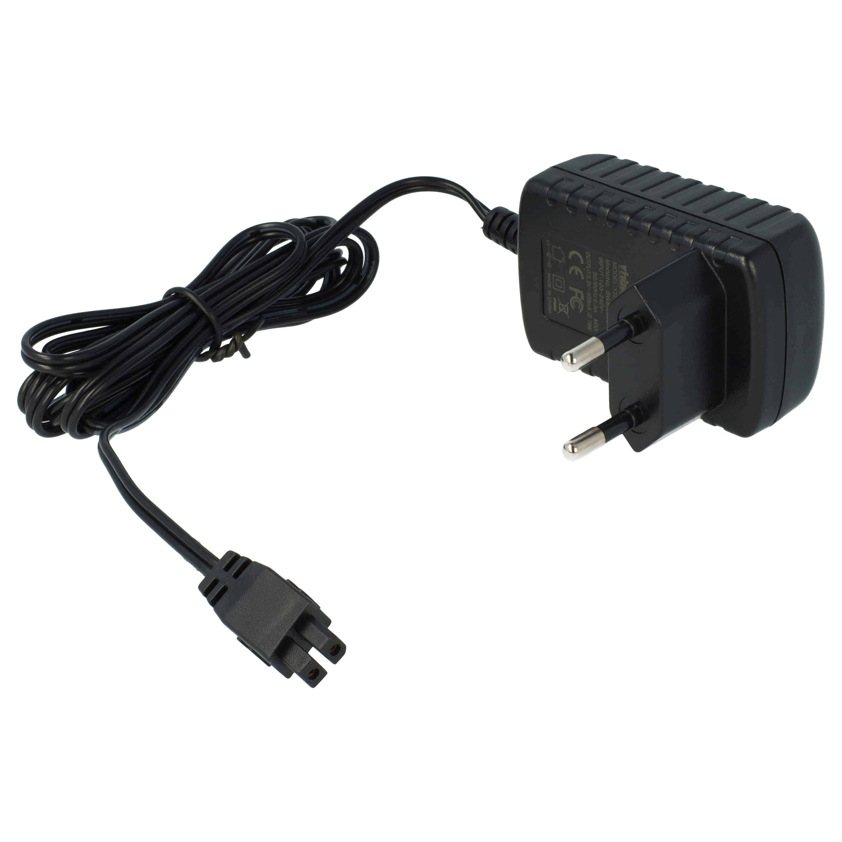 Schwarzes Netzteil mit Kabel. Es hat einen Stecker und einen Anschluss. Der Hintergrund ist weiß.