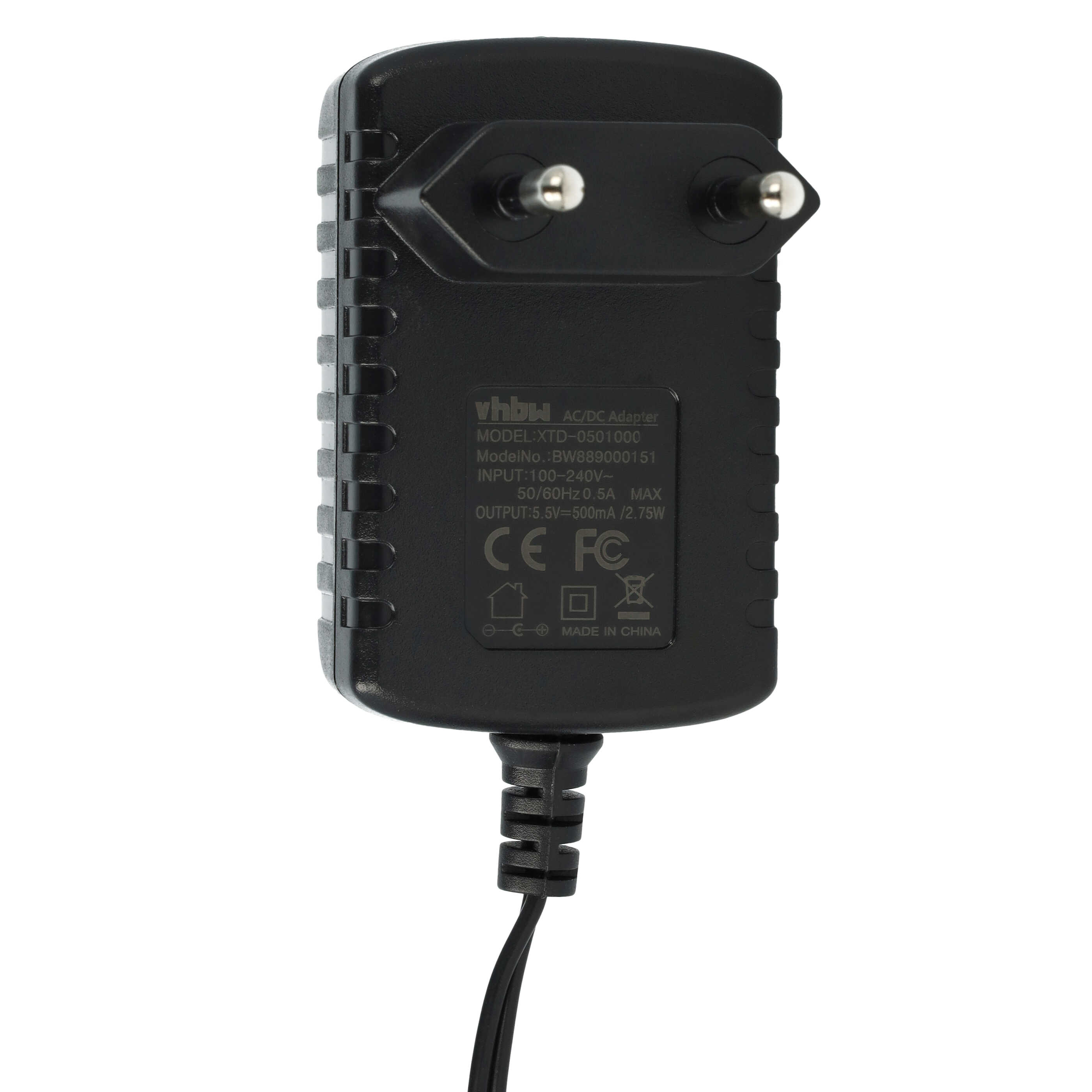 Schwarzer AC/DC-Adapter mit zwei Stiften. Er hat Textdetails wie Modell- und Ausgangsinformationen.