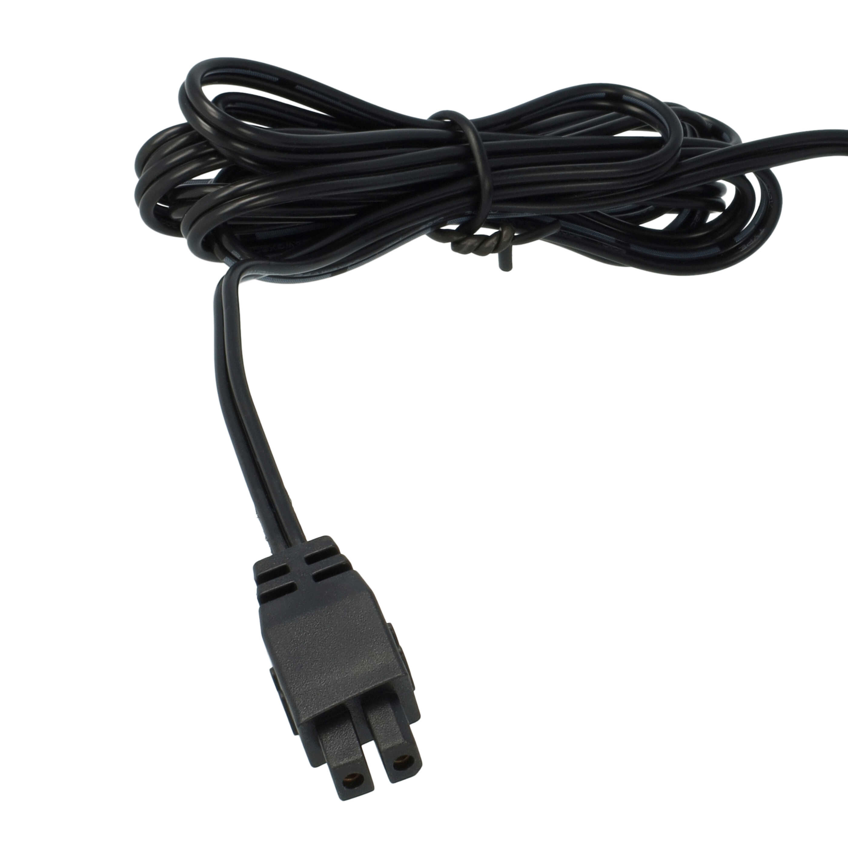 Ein schwarzes Netzkabel mit Zweipolstecker ist aufgerollt. Der Hintergrund ist weiß.