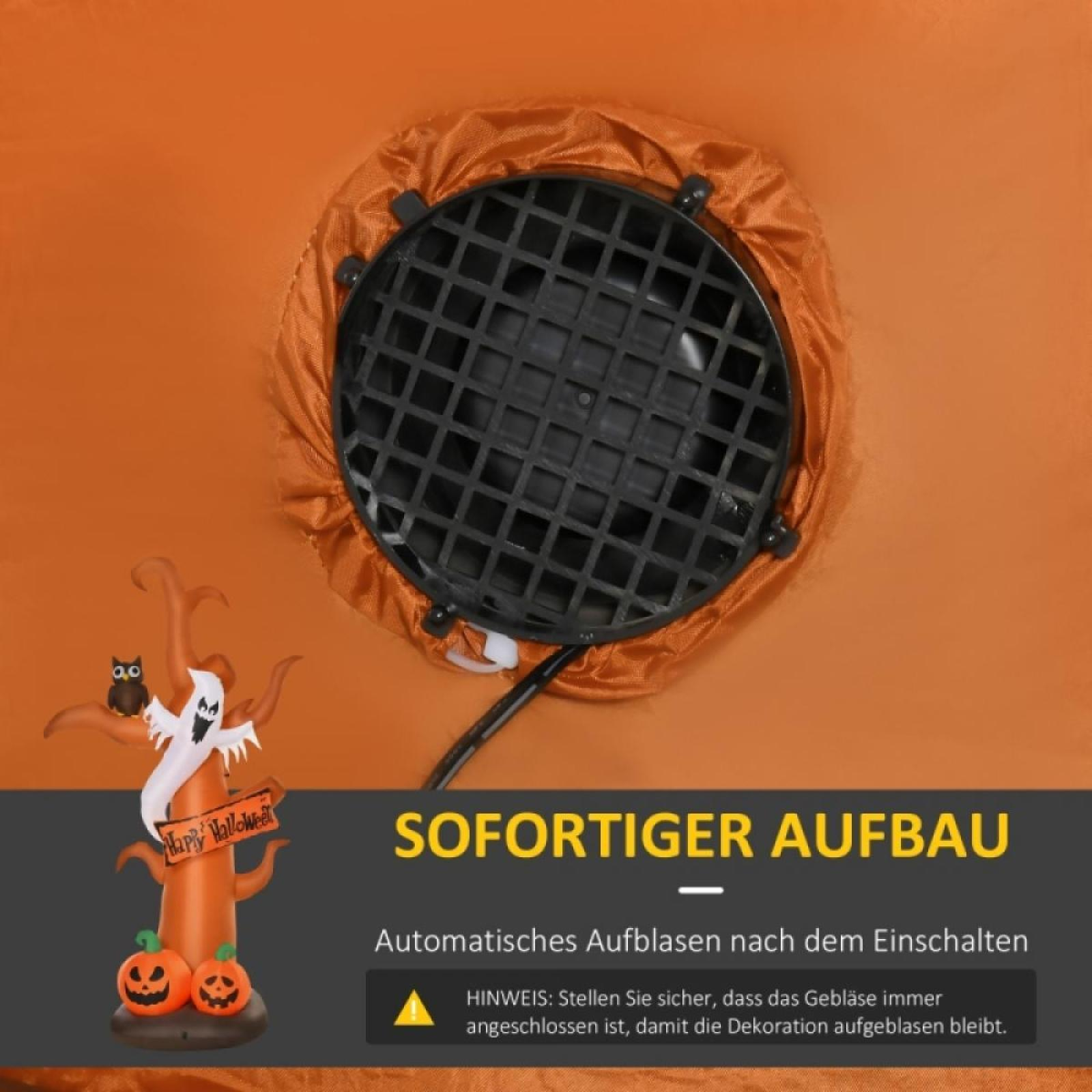 Eine orangefarbene Halloween-Dekoration mit Baum, Geist, Eule und Kürbissen. Oben befindet sich ein schwarzer Ventilator. Der Text lautet 'SOFORTIGER AUFBAU'.