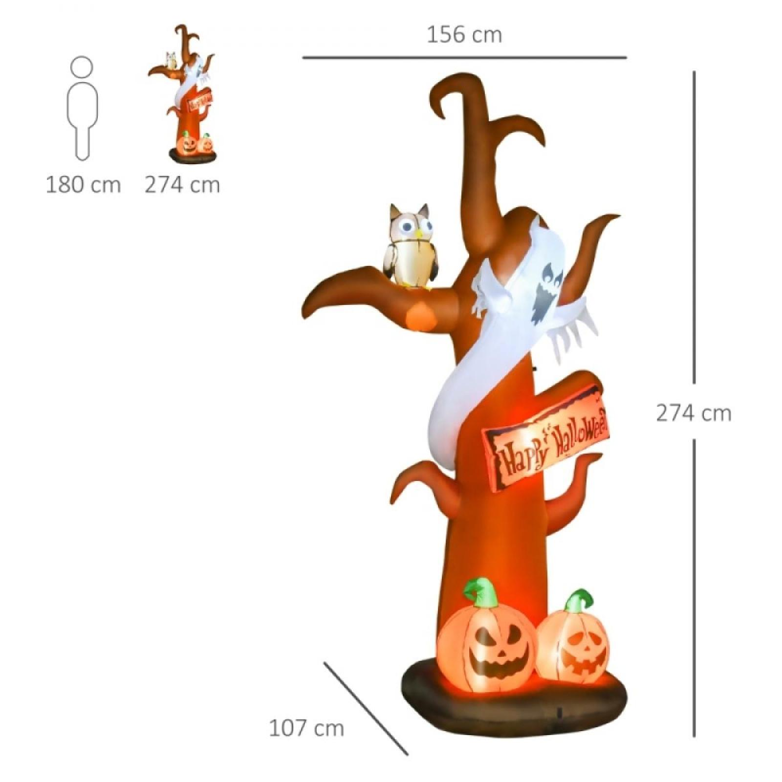 Aufblasbarer Halloween-Baum mit Eule, Geist und Kürbissen. Er hat ein 'Happy Halloween'-Schild und ist 274 cm hoch.