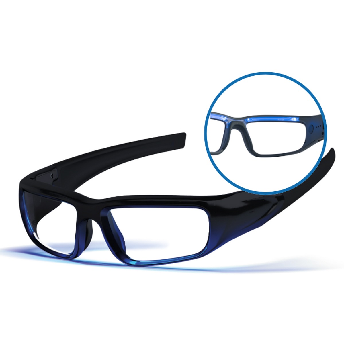 Schwarze und blaue Smart-Brille mit klaren Gläsern, in einem blauen Kreis vergrößert, vor weißem Hintergrund.