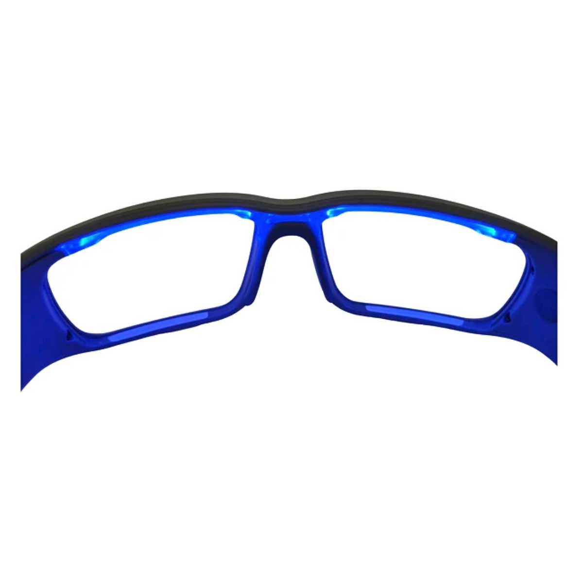 Blaue Brille mit klaren Gläsern. Der obere Rahmen ist schwarz. Der Hintergrund ist weiß.
