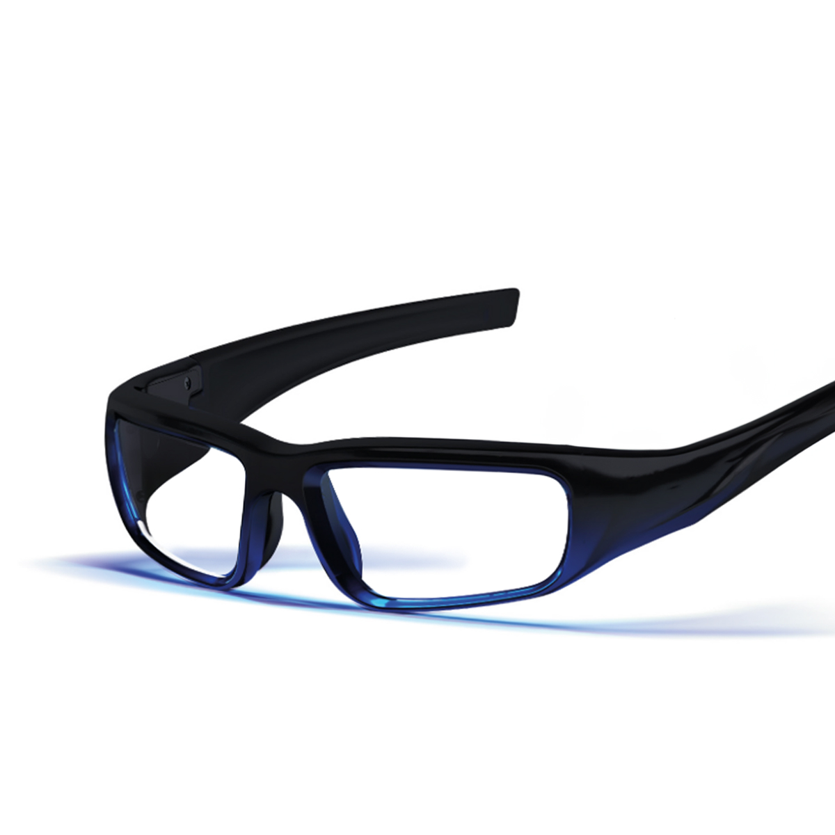 Schwarze Brille mit klaren Gläsern auf weißem Hintergrund, die einen blauen Schatten wirft. Die Brille ist modern und stilvoll.