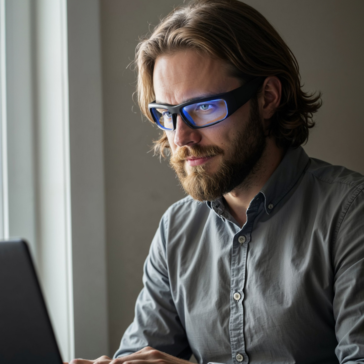 Mann mit Bart, der eine Brille trägt und auf einen Laptop schaut. Er hat lange blonde Haare, ein graues Hemd und einen neutralen Hintergrund.