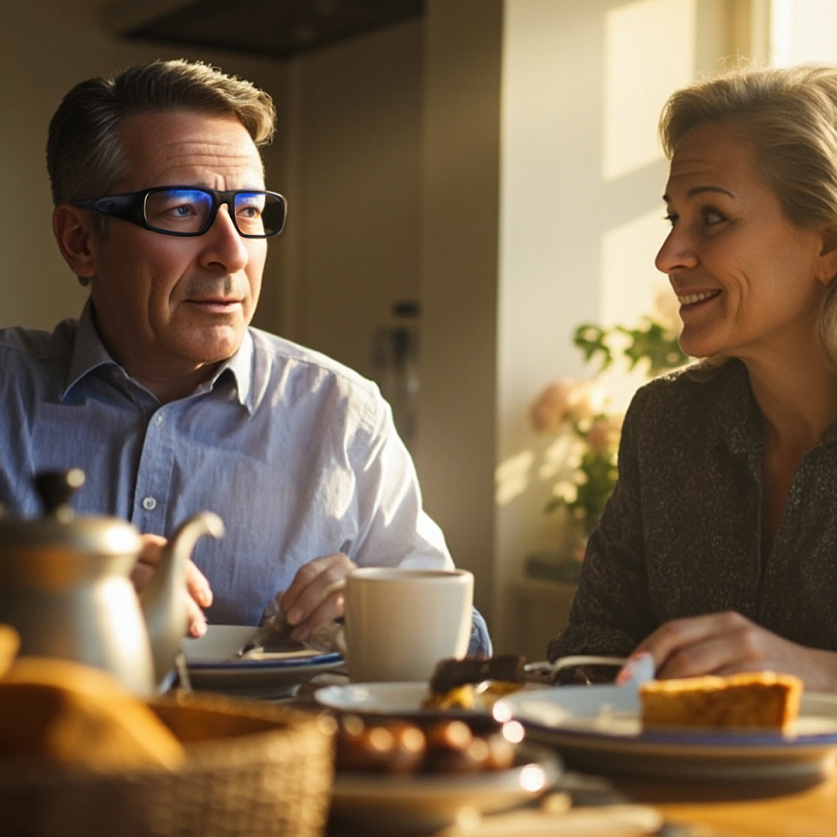 Ein Mann und eine Frau sitzen beim Frühstück am Tisch. Der Mann trägt eine Brille, die Frau lächelt. Speisen wie Brot und Kaffee sind sichtbar.