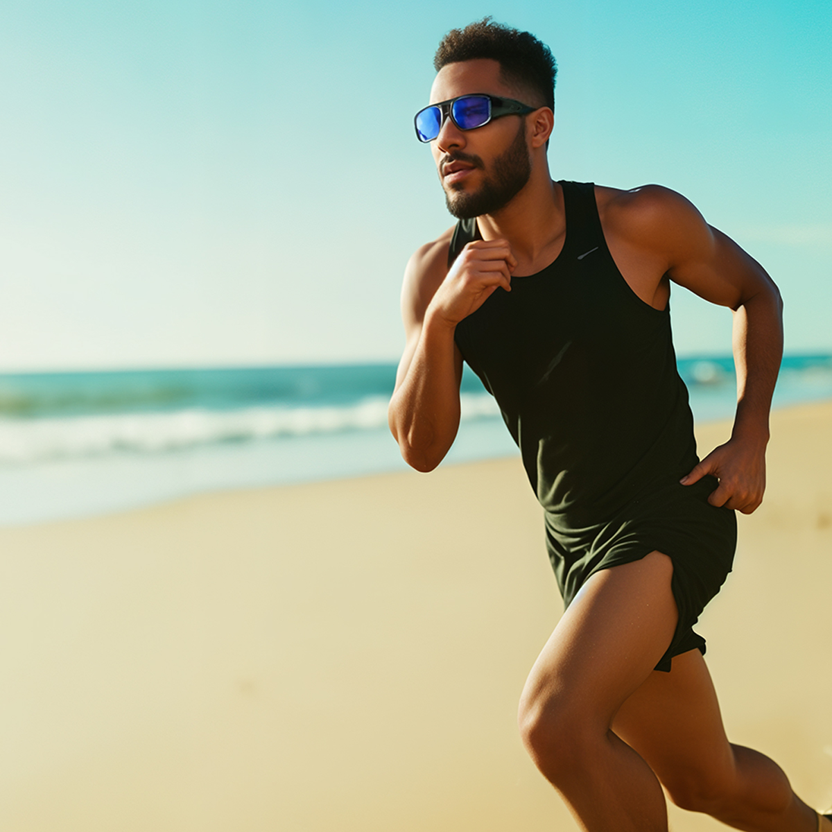 Ein Mann rennt am Strand, trägt Sonnenbrille, schwarze Shorts und ein Tanktop. Im Hintergrund sind Meer und blauer Himmel zu sehen.