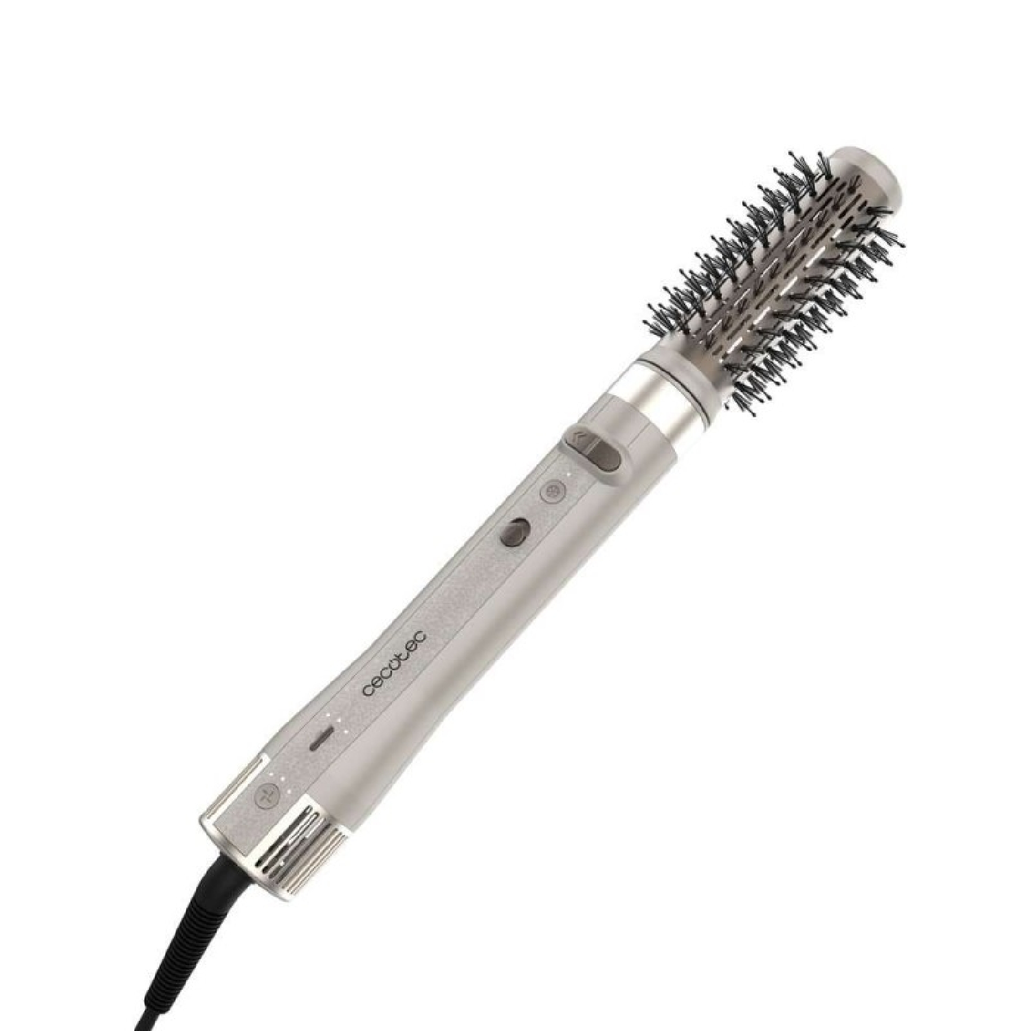 Una spazzola per capelli argentata e nera. La spazzola ha una testa cilindrica con setole nere e un manico argentato con cavo di alimentazione.