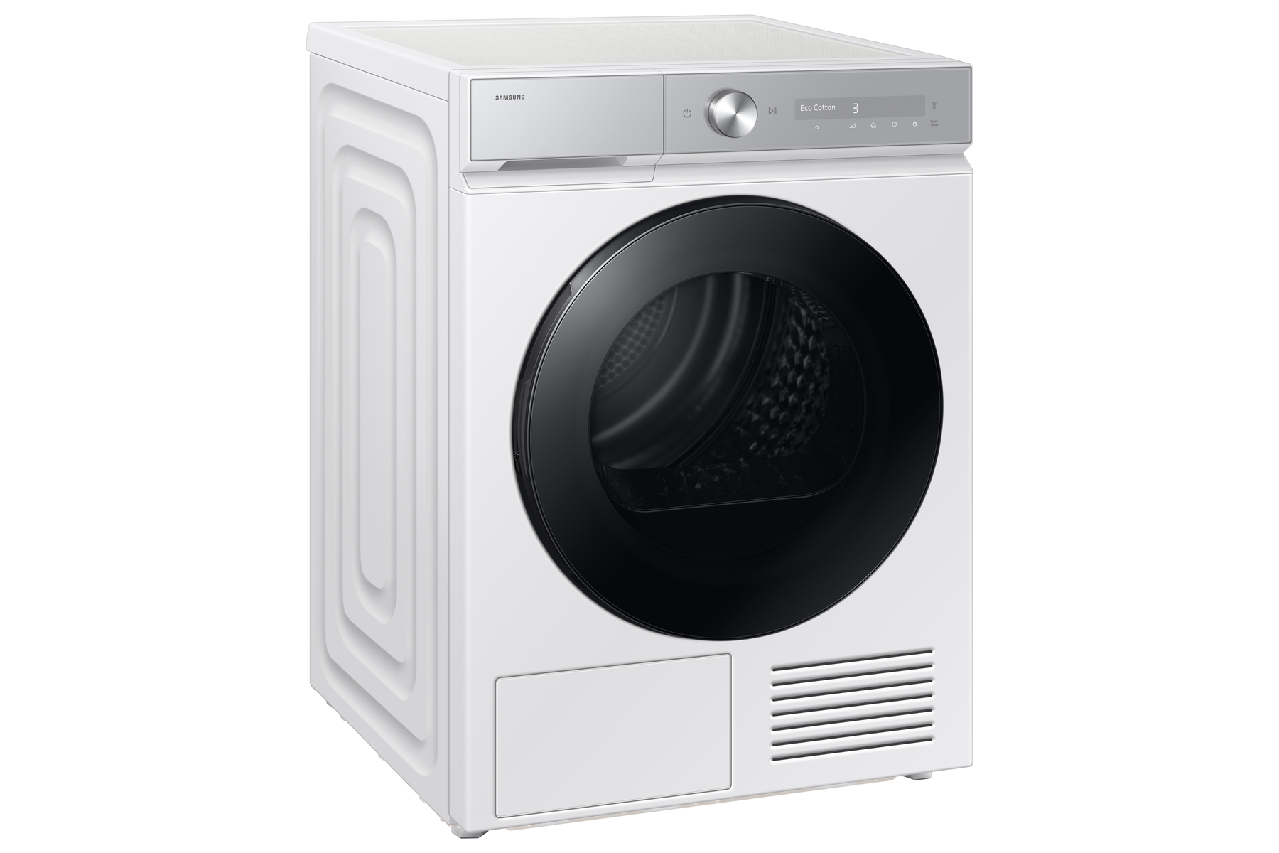 Una secadora Samsung blanca. Tiene una puerta negra, mandos plateados y una pequeña pantalla. La secadora está sobre una superficie blanca.