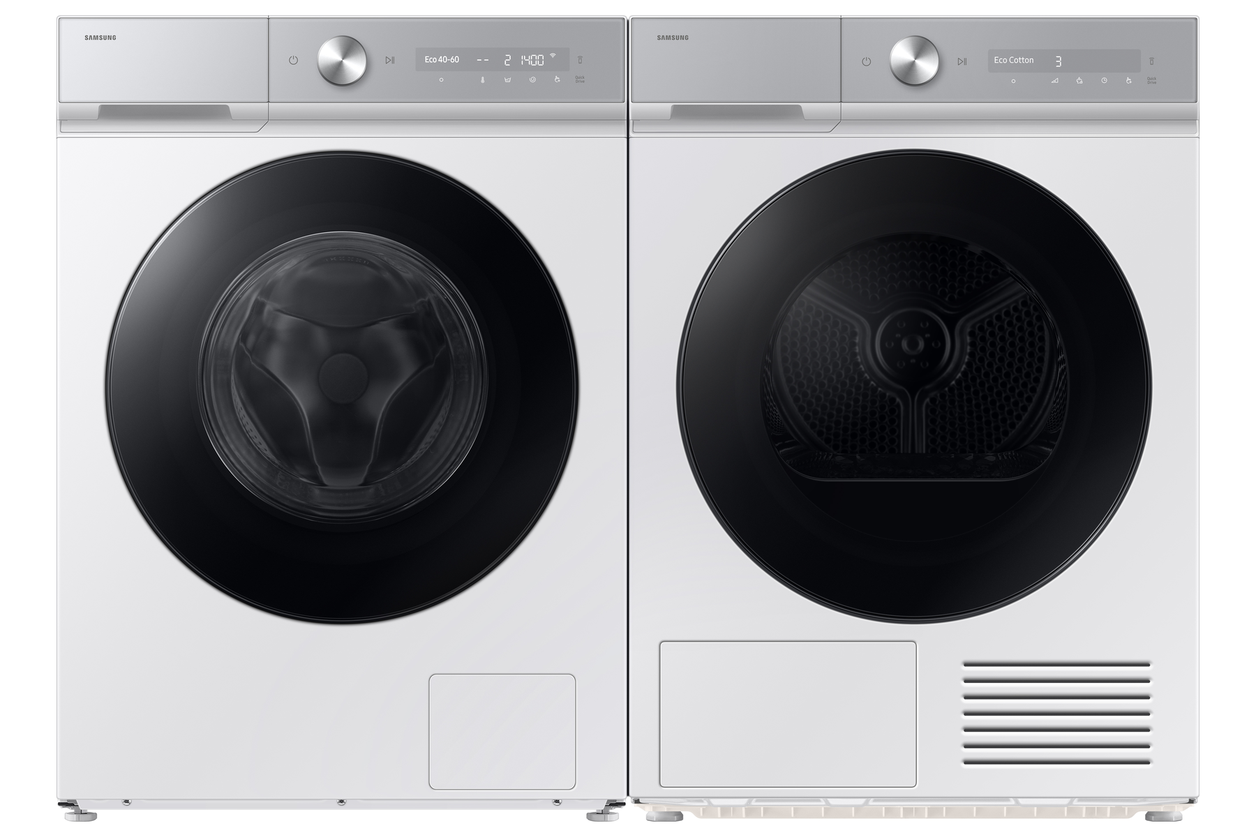 Juego de lavadora y secadora Samsung blanco. Ambos tienen puertas negras grandes. El panel de control tiene una pantalla digital y botones.