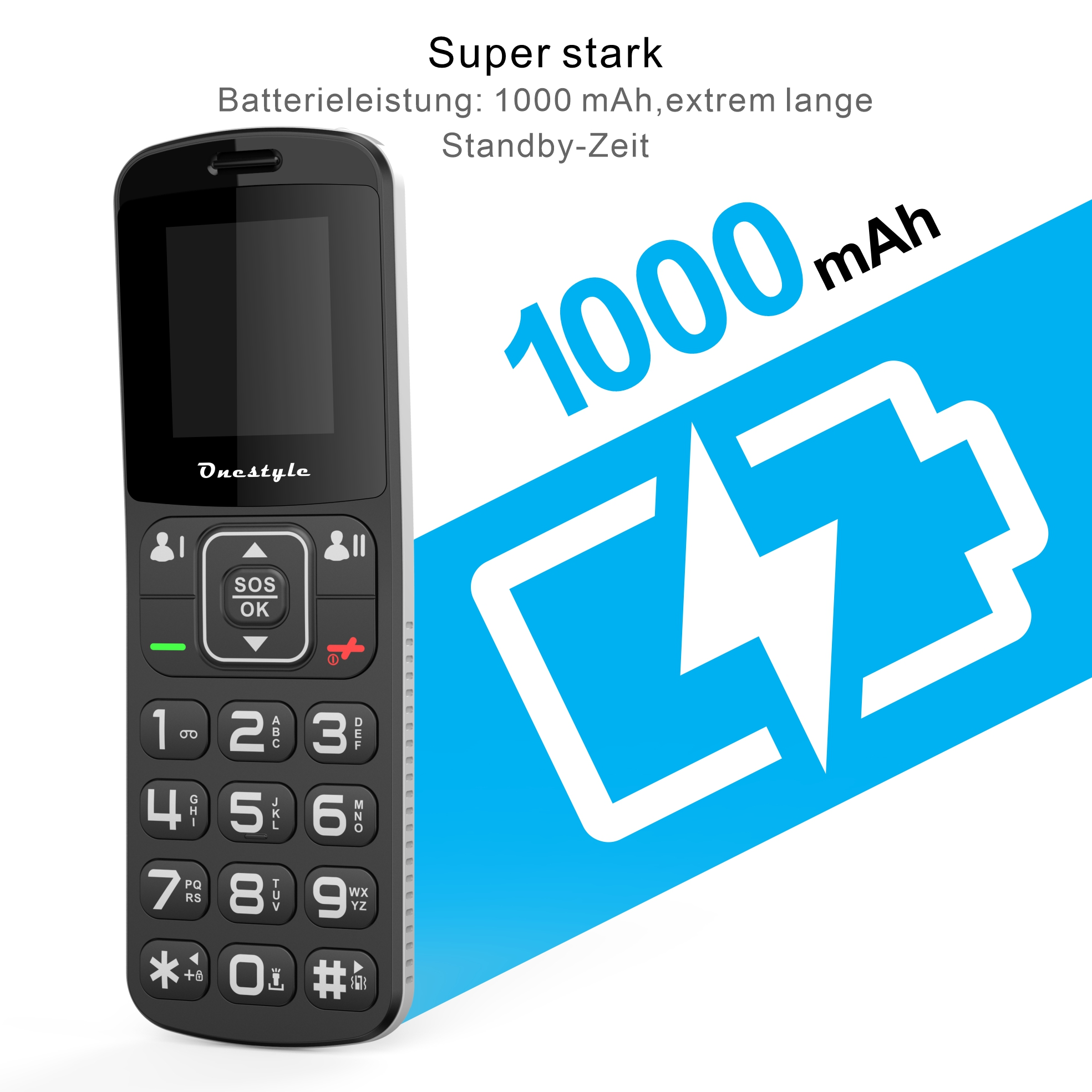 Ein schwarzes Mobiltelefon mit großen Tasten. Text: Super stark, 1000 mAh. Eine blaue Grafik zeigt die Akkukapazität.