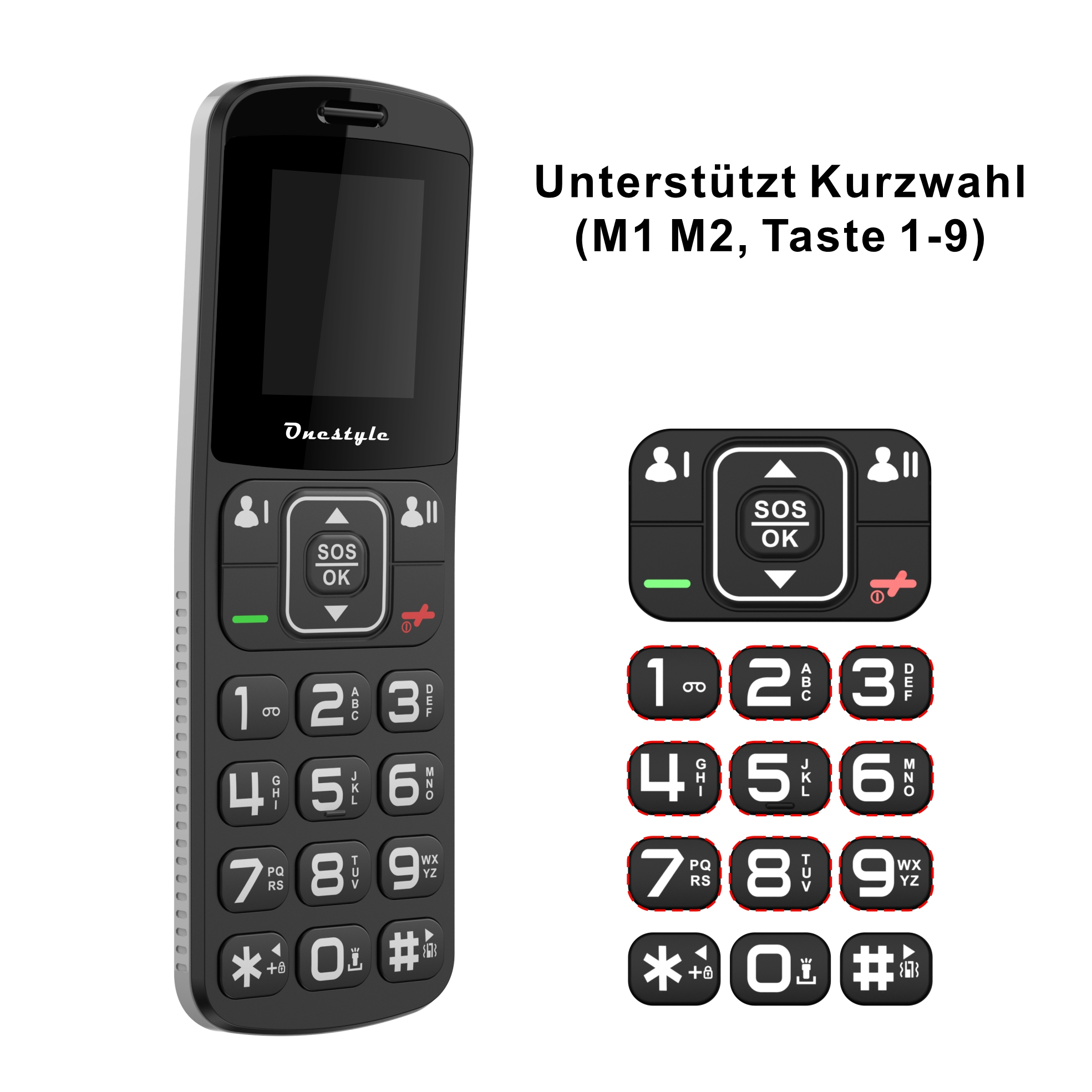 Ein schwarzes Mobiltelefon mit großen Tasten. Es hat einen Bildschirm, Zifferntasten und eine SOS-Taste.