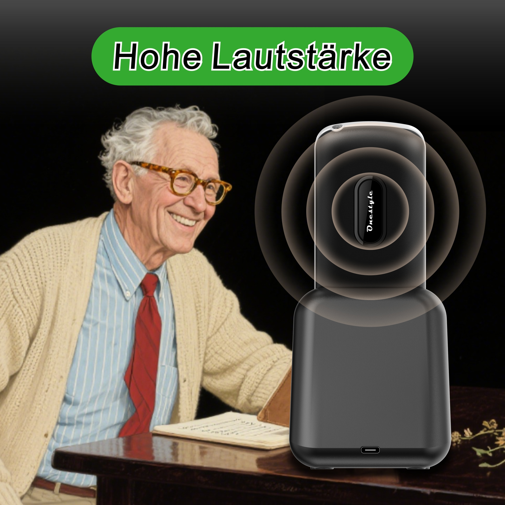 Ein älterer Mann lächelt neben einem schwarzen Lautsprecher, der Schallwellen aussendet. Ein grünes Banner zeigt 'Hohe Lautstärke'.