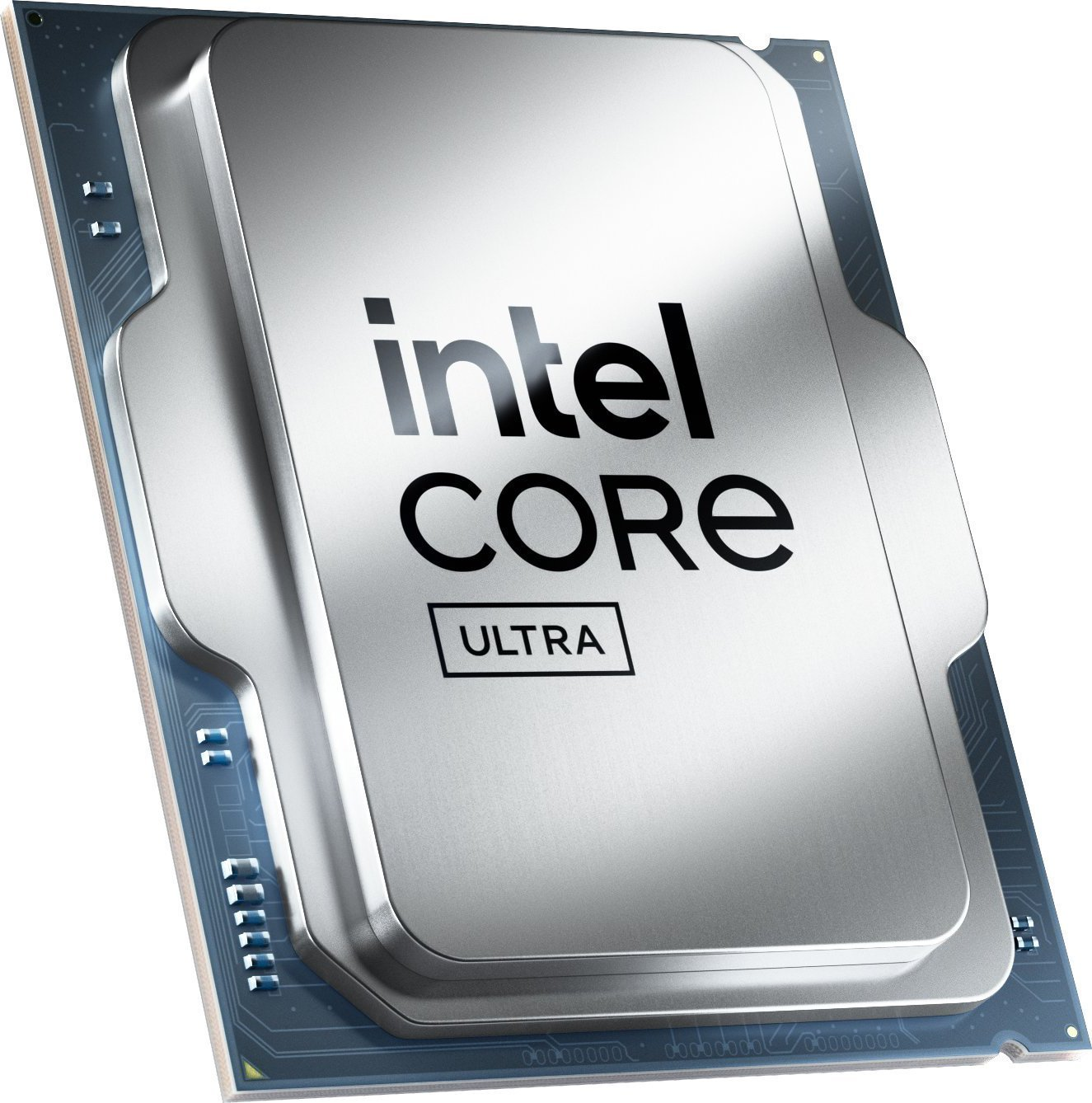 Primo piano di un processore Intel Core Ultra su un circuito stampato. Il processore è argentato con testo nero, 'intel CORE ULTRA'.