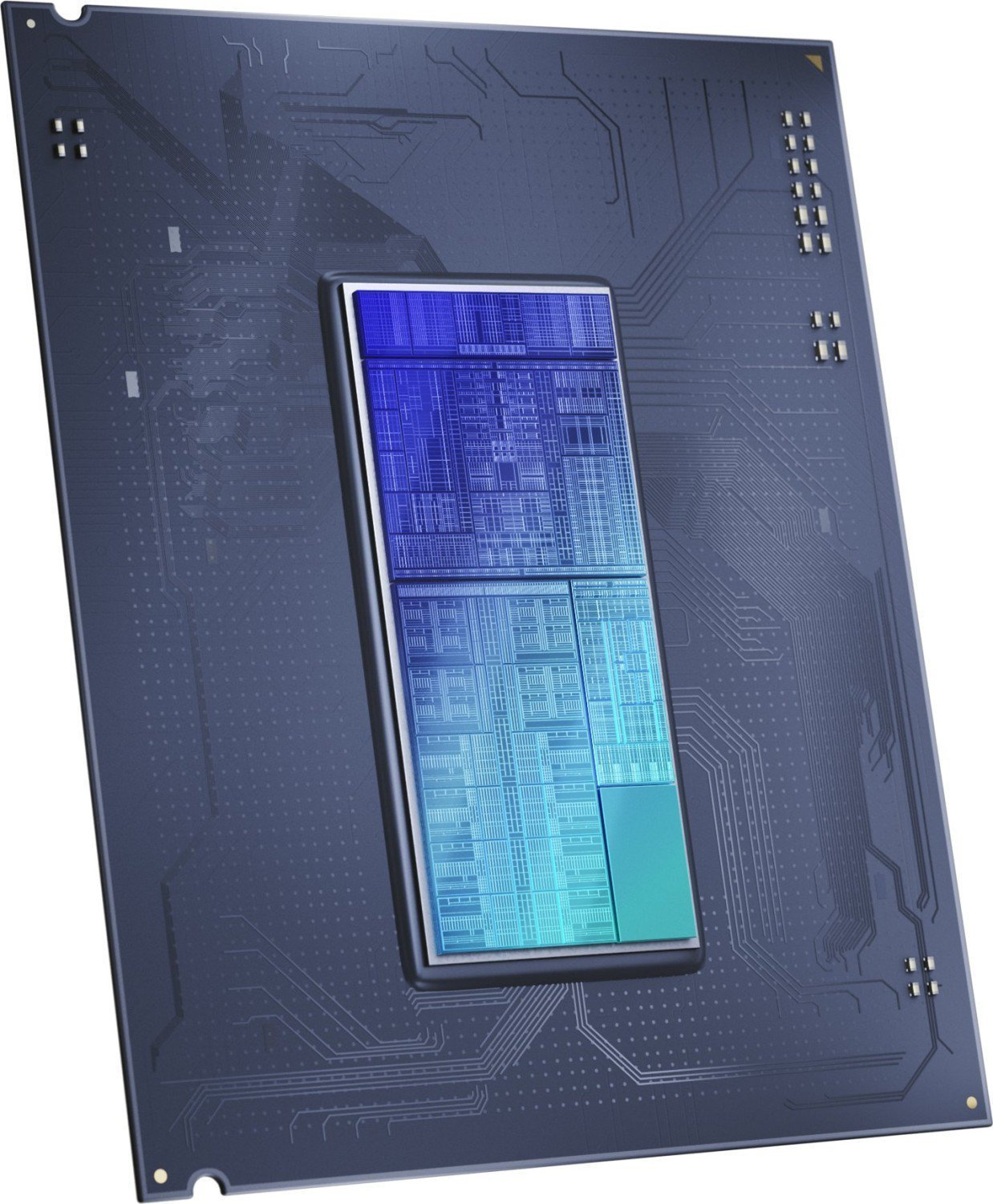 Un primo piano di un processore per computer. Il processore ha un componente centrale rettangolare con colori blu e turchese.