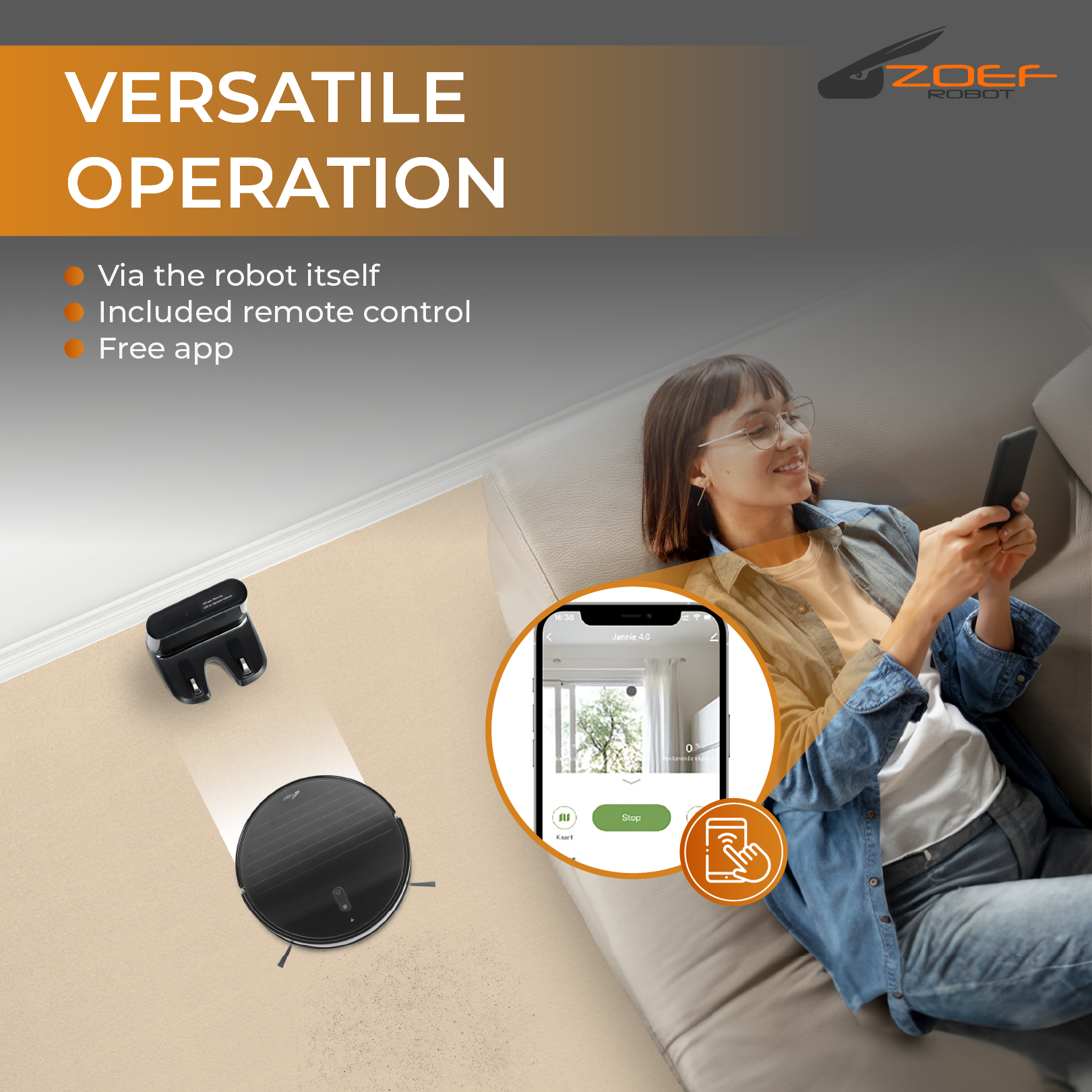 Woman using phone to control a robot vacuum cleaner. The robot, charging dock, and app are visible.