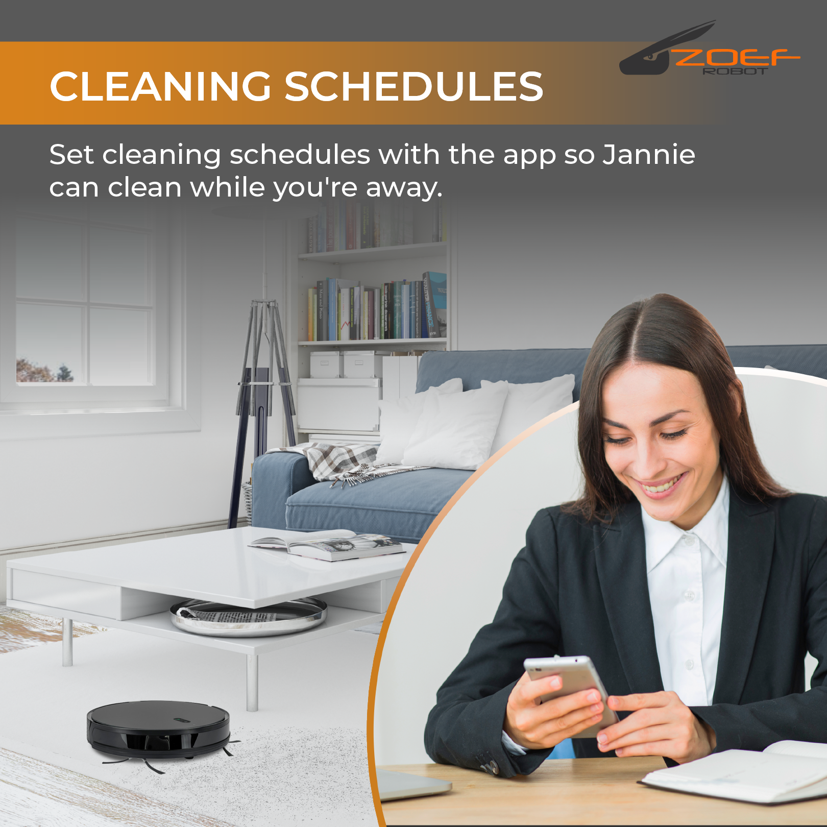 A woman smiles while using her phone. A robot vacuum cleans the floor. A blue sofa and a white table are visible.