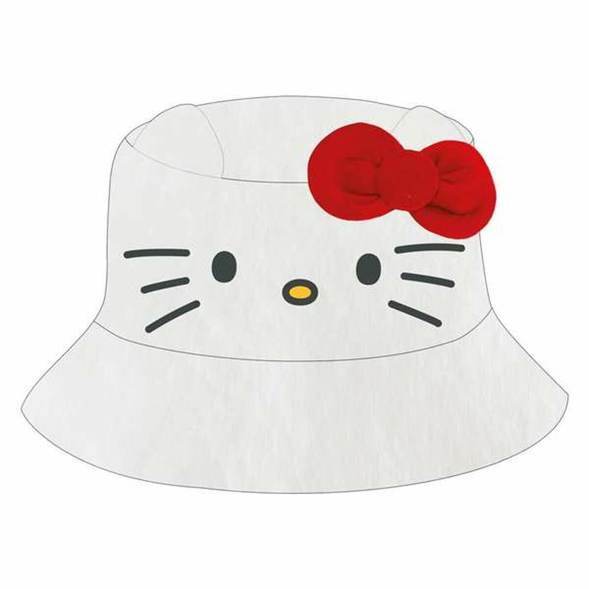 Un sombrero de cubo blanco de Hello Kitty con un lazo rojo. Tiene bigotes negros, ojos y una nariz amarilla. El sombrero está sobre un fondo blanco.