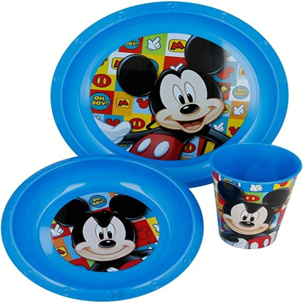 Un juego de cena azul con temática de Mickey Mouse, que incluye un plato, un cuenco y una taza, todos con ilustraciones de Mickey Mouse.