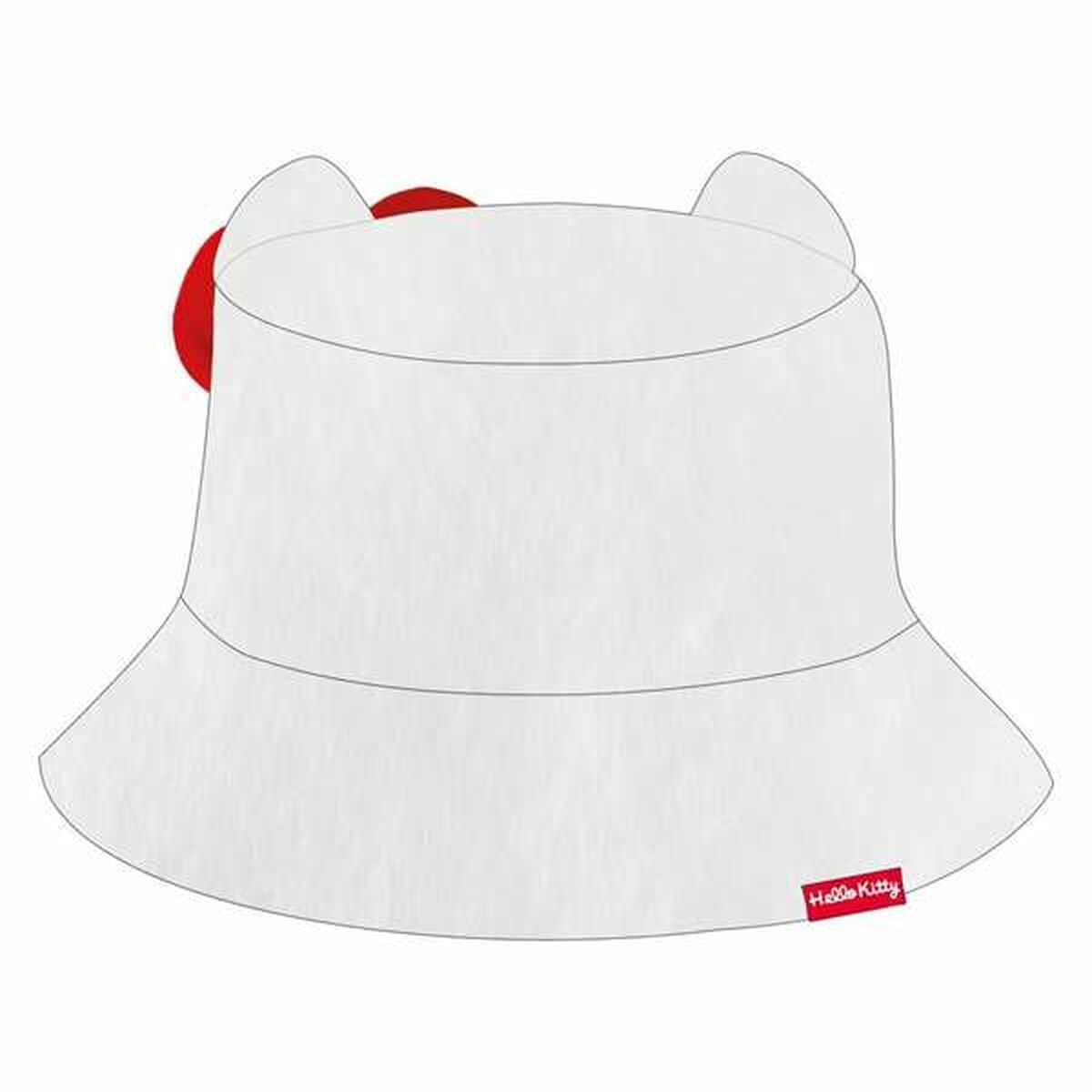 Un sombrero de pescador blanco de Hello Kitty. Tiene dos orejas, un lazo rojo y un logotipo de Hello Kitty en el frente.